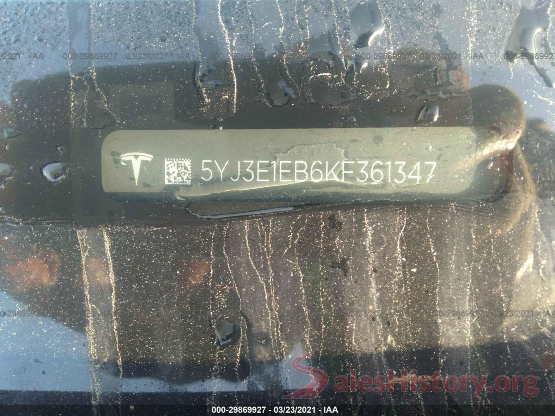 5YJ3E1EB6KF361347 2019 TESLA MODEL 3