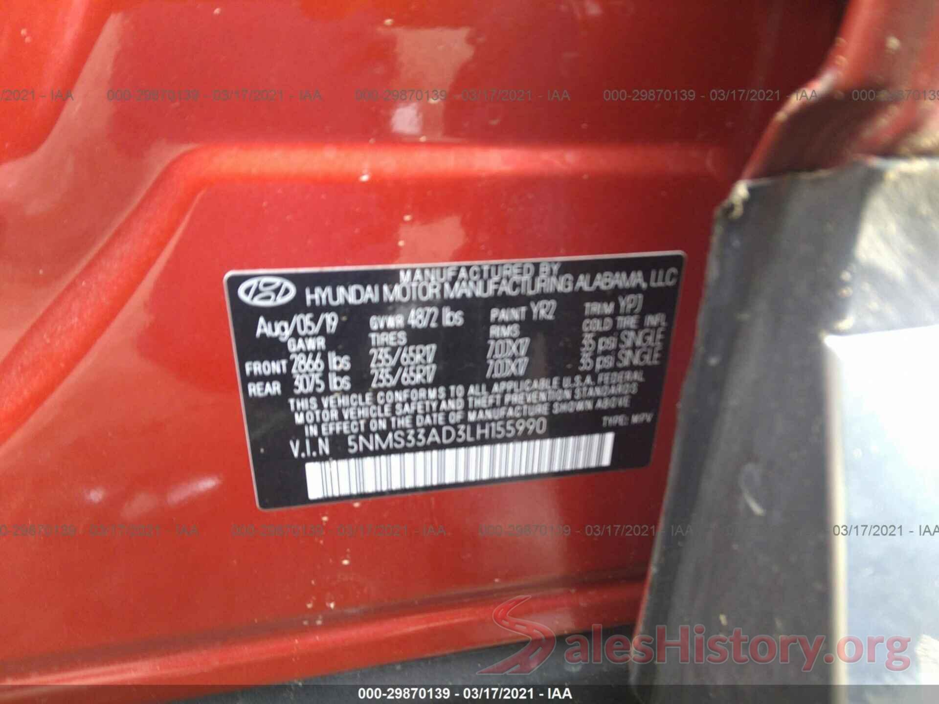 5NMS33AD3LH155990 2020 HYUNDAI SANTA FE