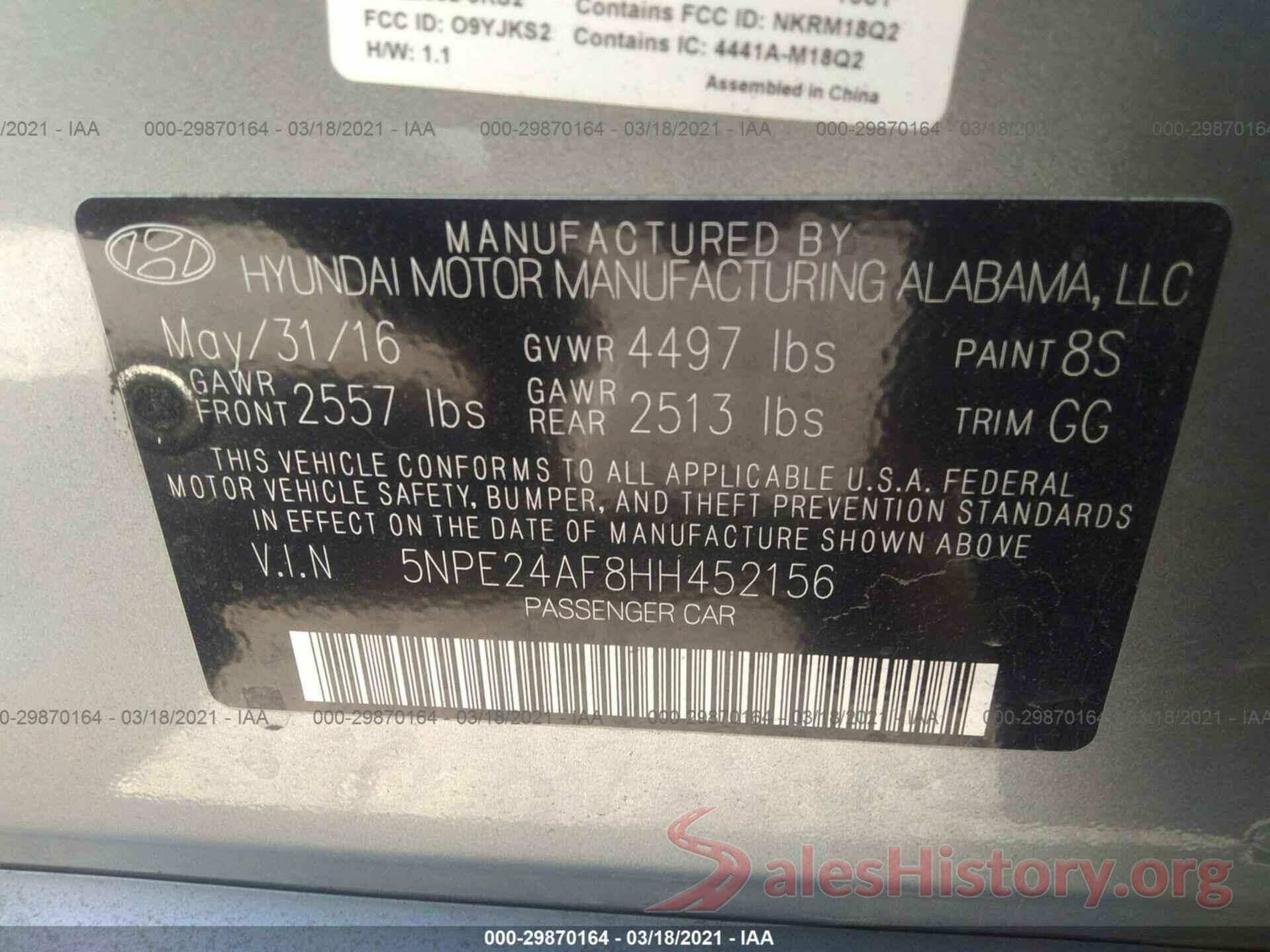 5NPE24AF8HH452156 2017 HYUNDAI SONATA