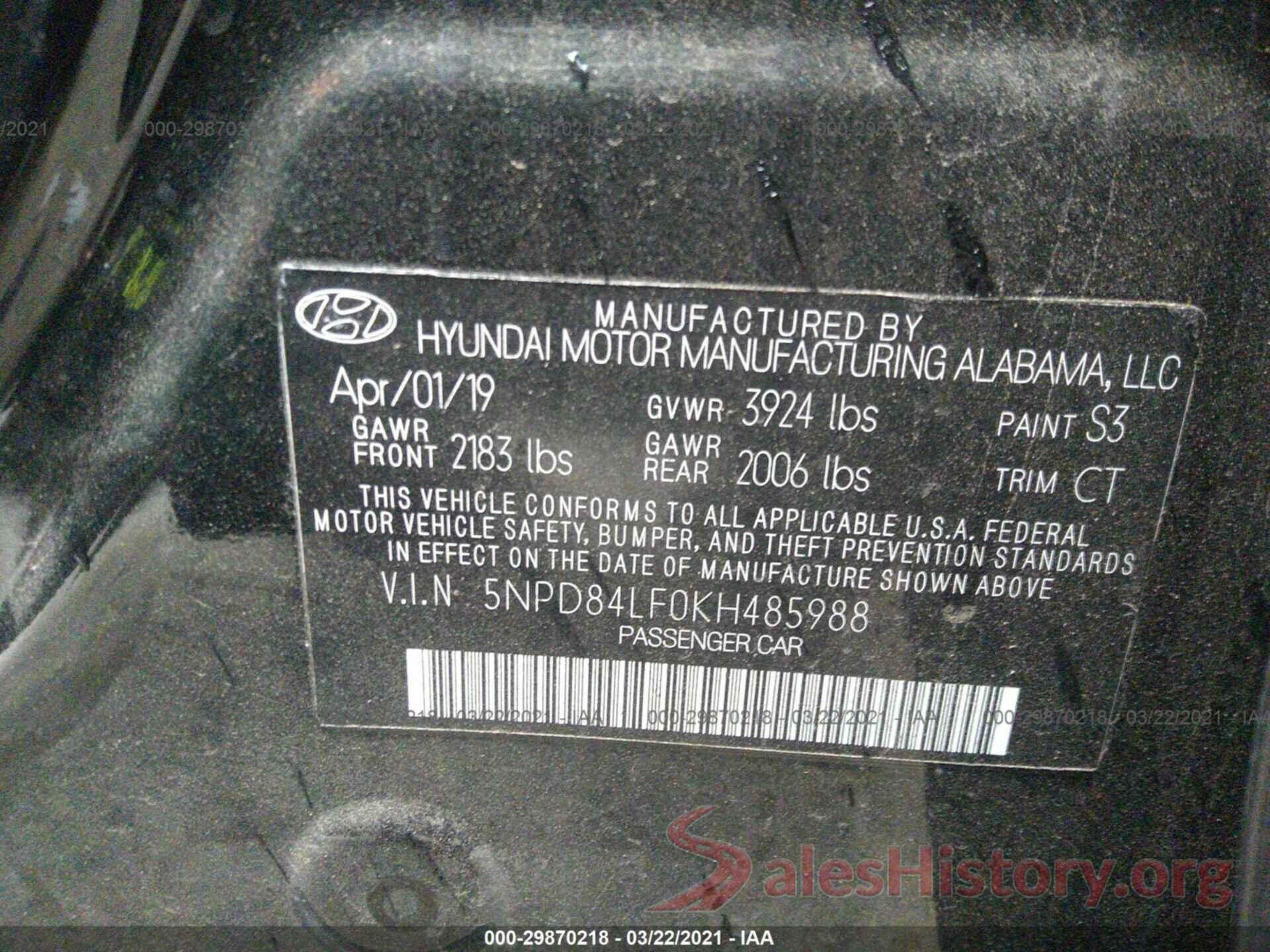 5NPD84LF0KH485988 2019 HYUNDAI ELANTRA