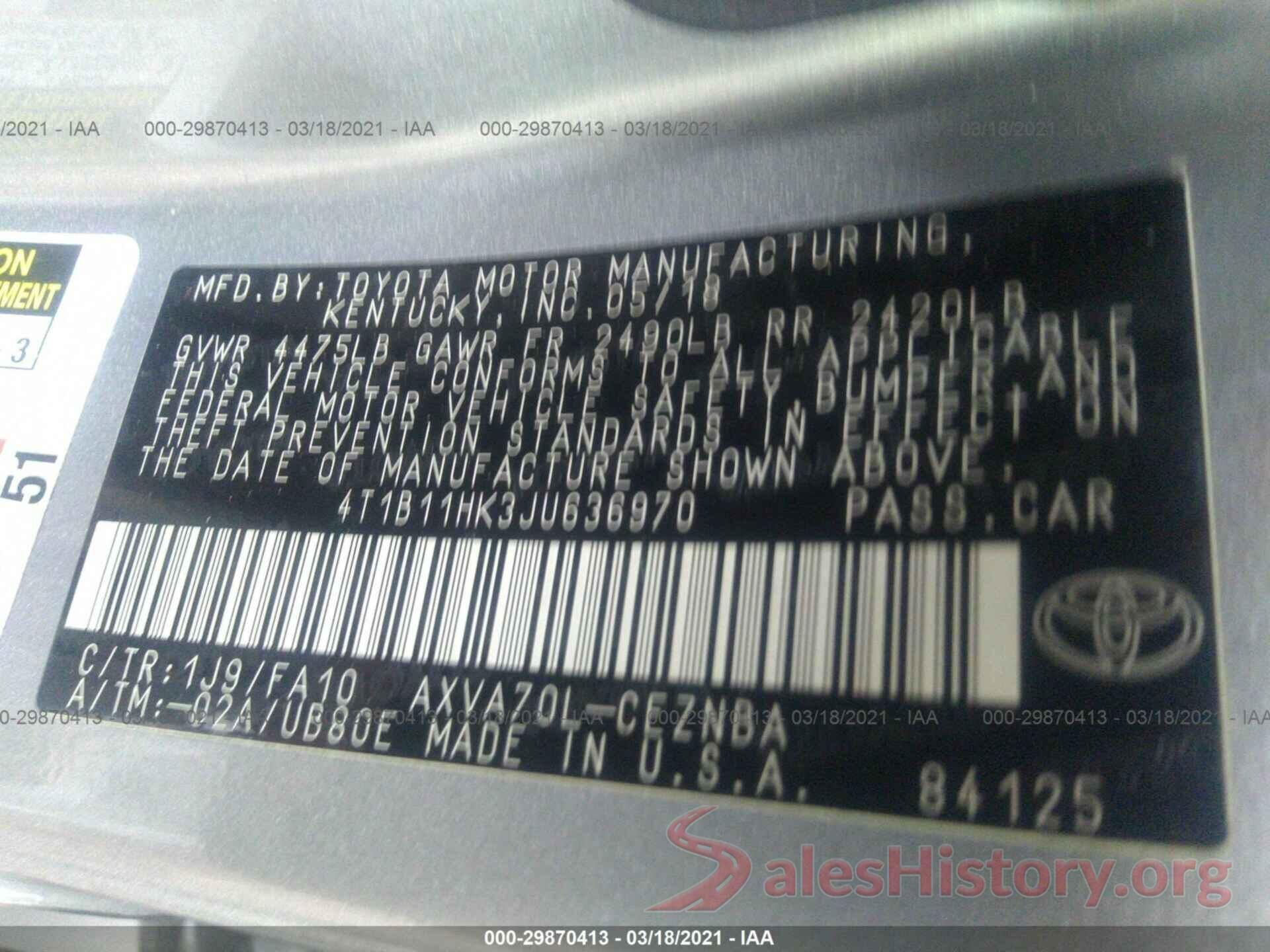 4T1B11HK3JU636970 2018 TOYOTA CAMRY