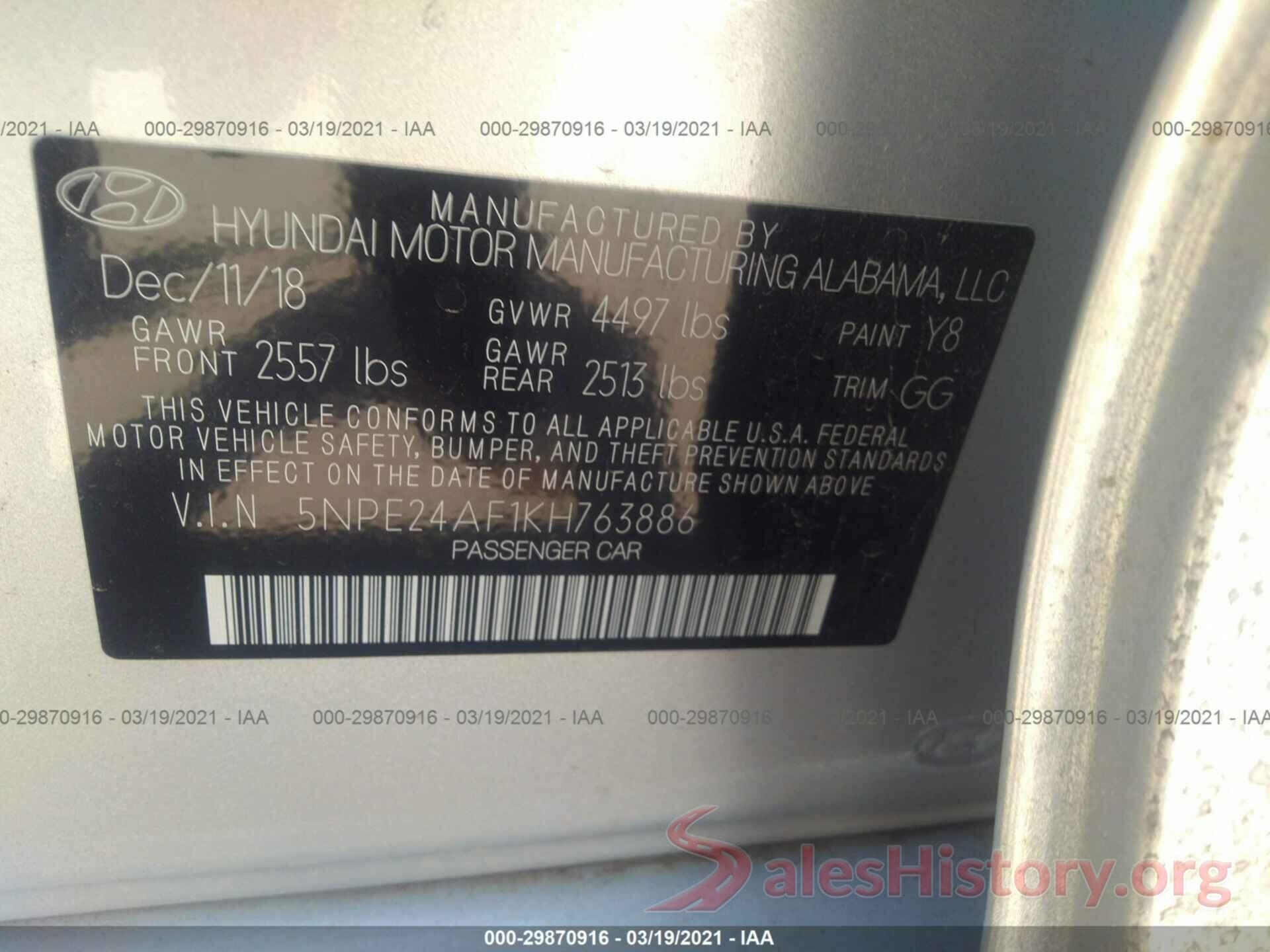 5NPE24AF1KH763886 2019 HYUNDAI SONATA