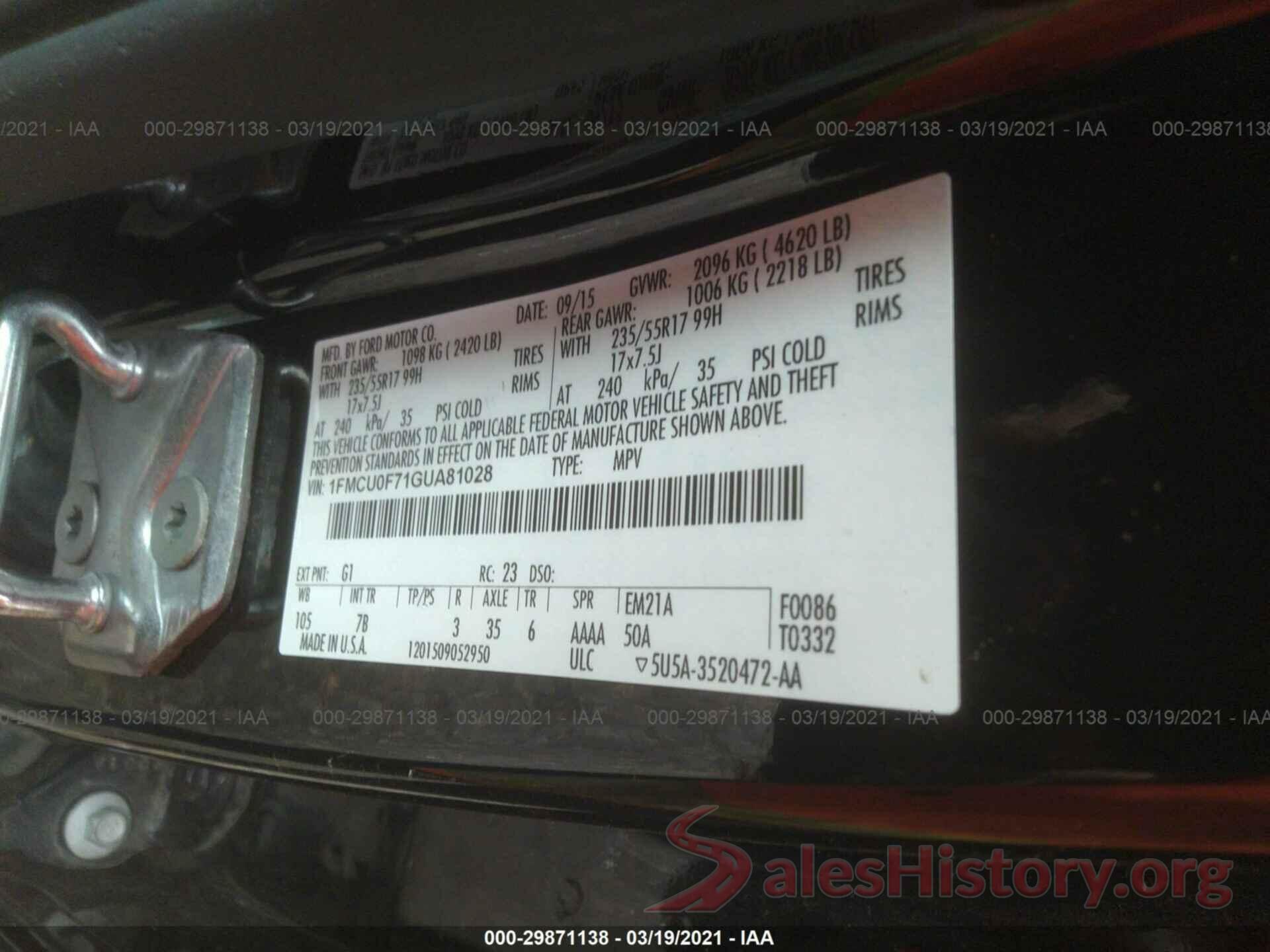 1FMCU0F71GUA81028 2016 FORD ESCAPE