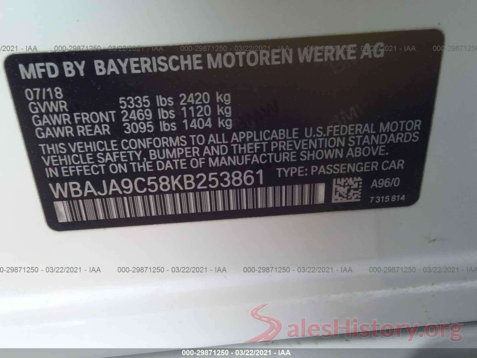 WBAJA9C58KB253861 2019 BMW 5 SERIES