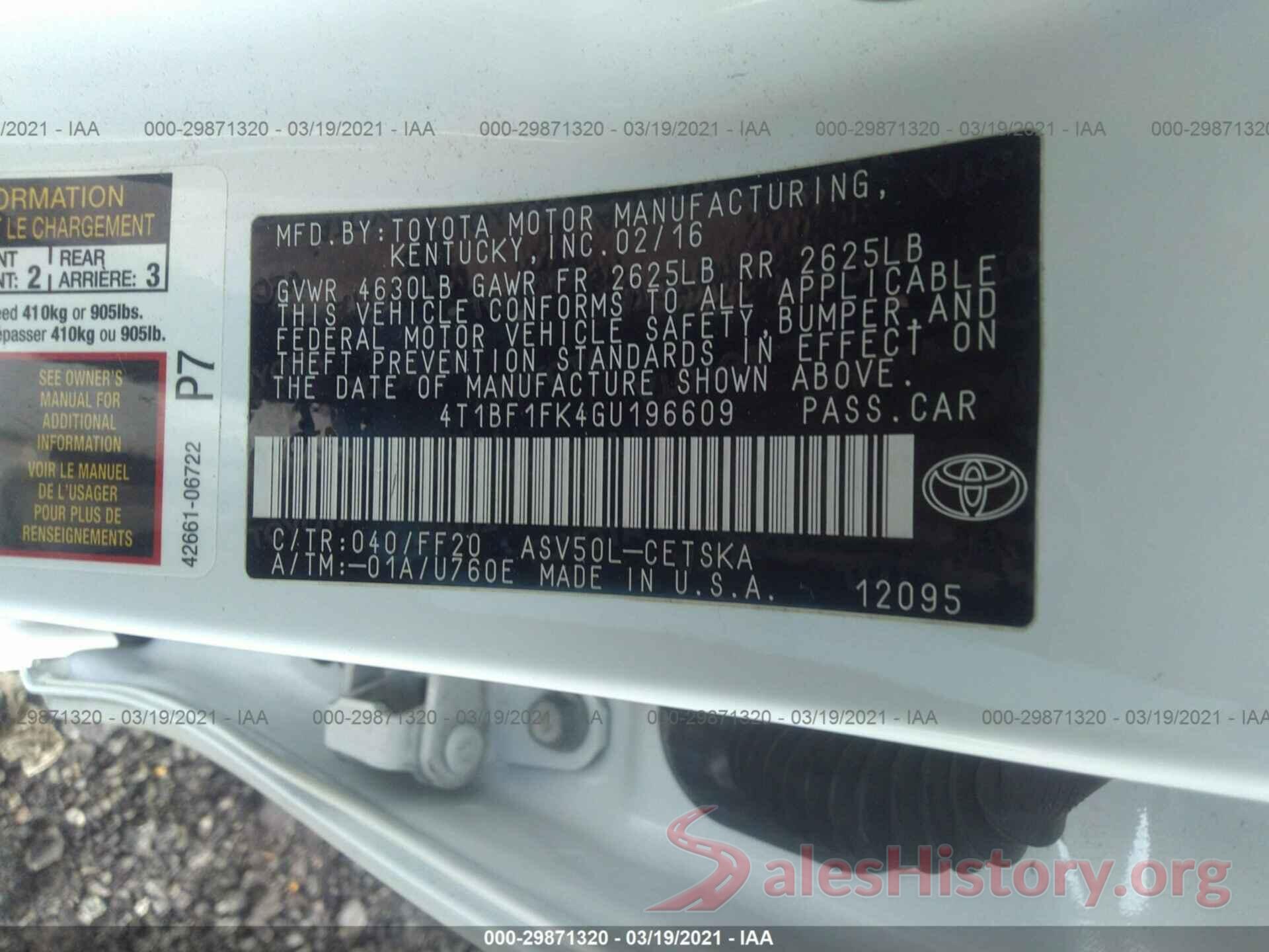 4T1BF1FK4GU196609 2016 TOYOTA CAMRY