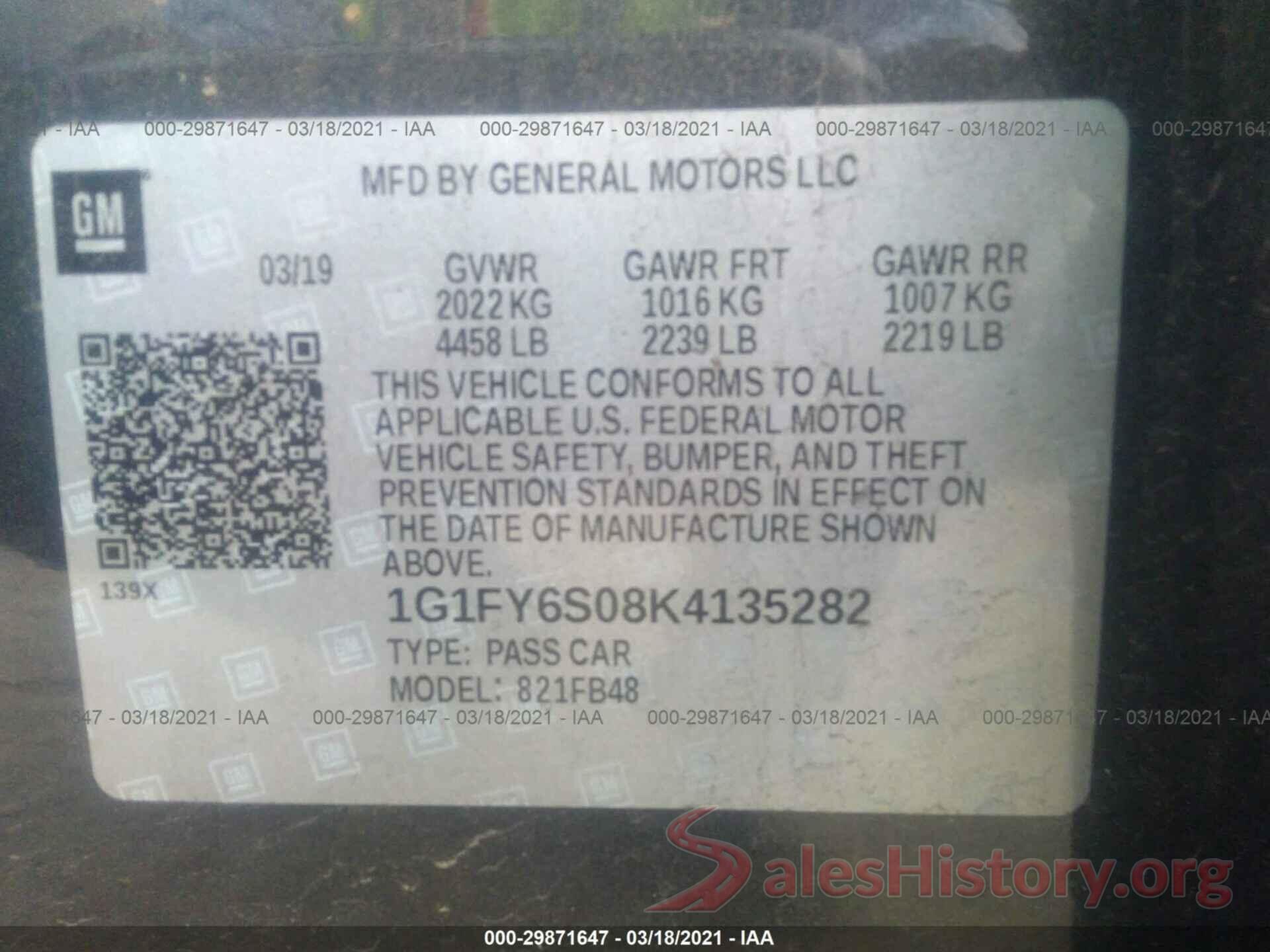 1G1FY6S08K4135282 2019 CHEVROLET BOLT EV