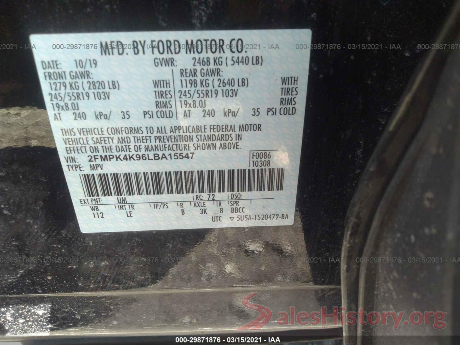 2FMPK4K96LBA15547 2020 FORD EDGE