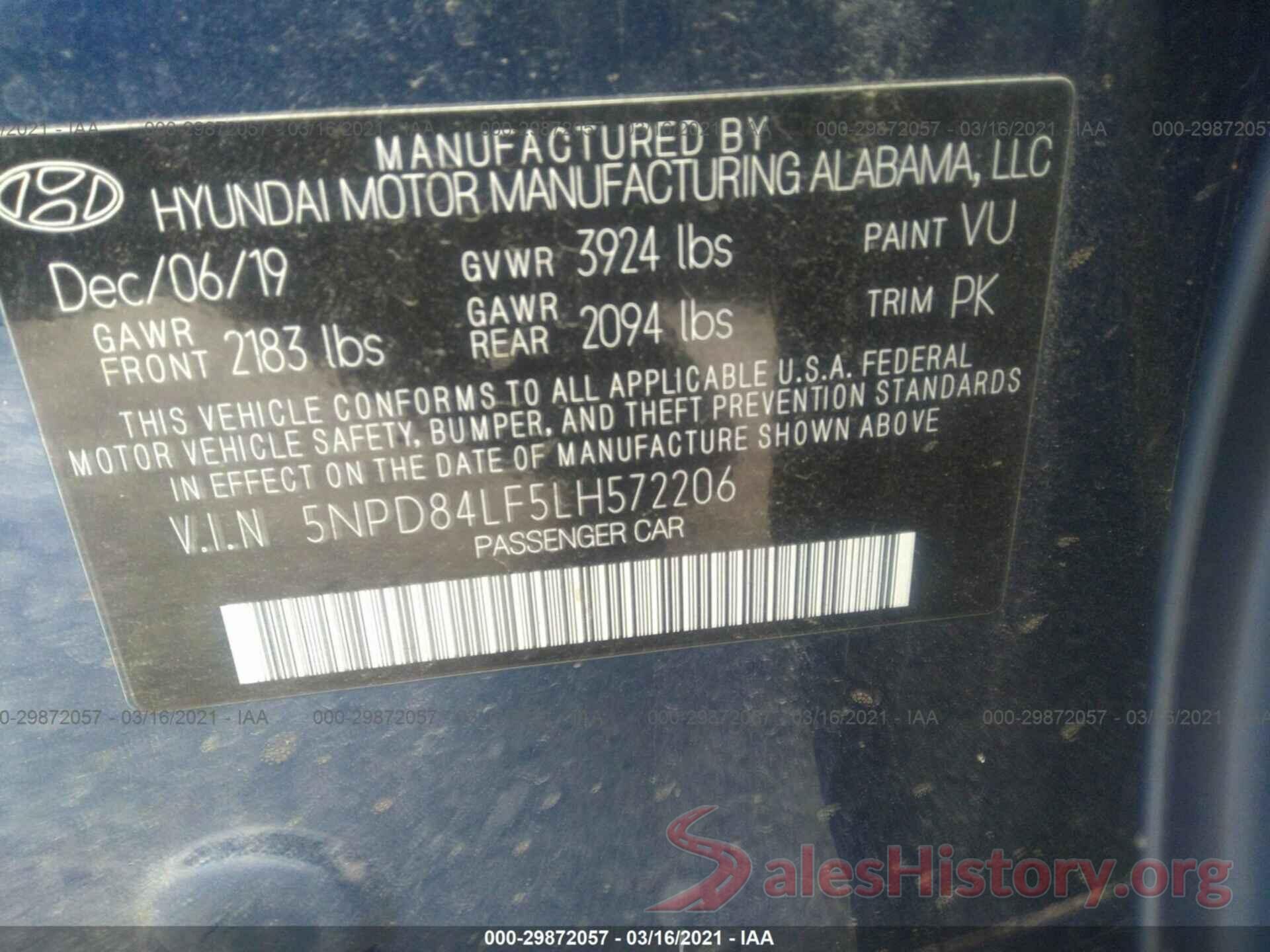 5NPD84LF5LH572206 2020 HYUNDAI ELANTRA