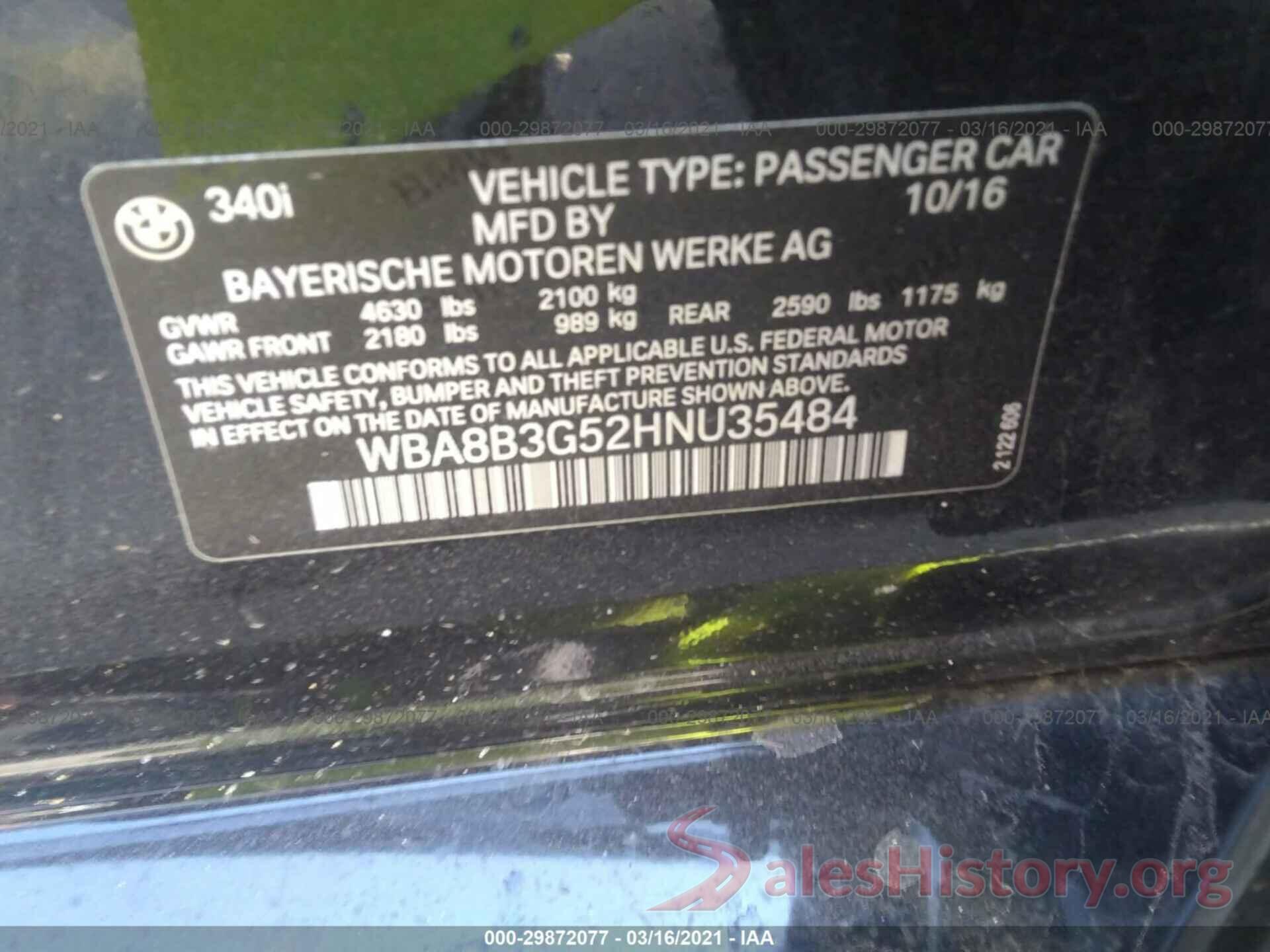 WBA8B3G52HNU35484 2017 BMW 3 SERIES