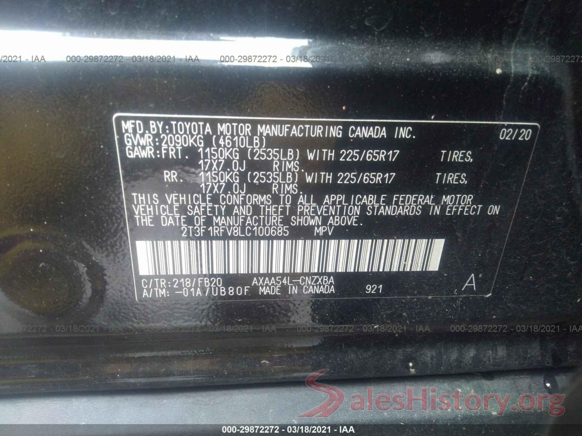 2T3F1RFV8LC100685 2020 TOYOTA RAV4