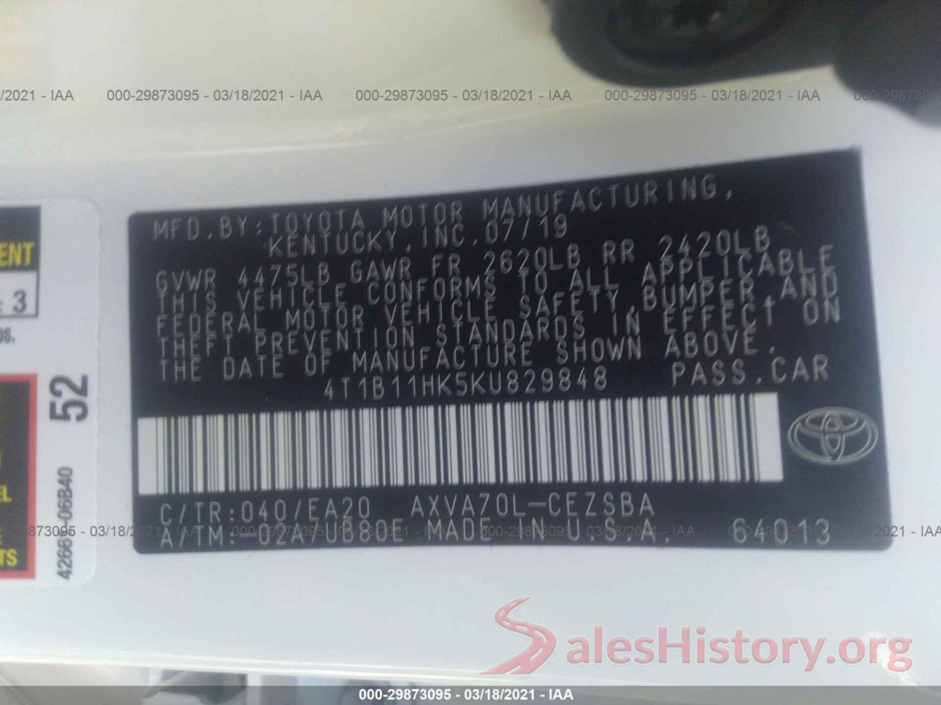 4T1B11HK5KU829848 2019 TOYOTA CAMRY