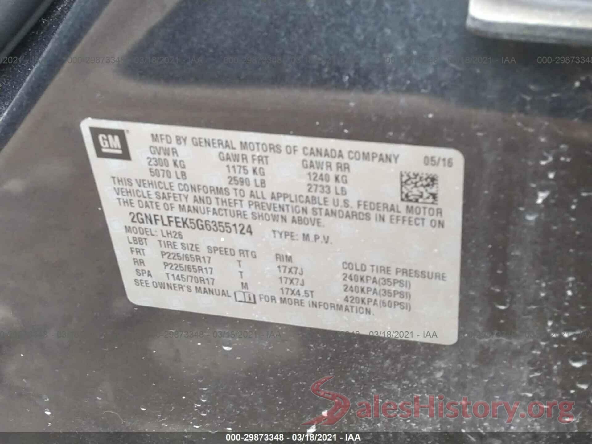 2GNFLFEK5G6355124 2016 CHEVROLET EQUINOX