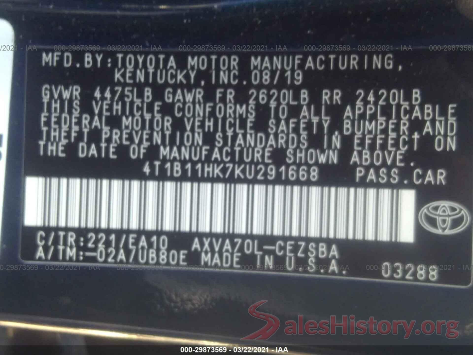 4T1B11HK7KU291668 2019 TOYOTA CAMRY