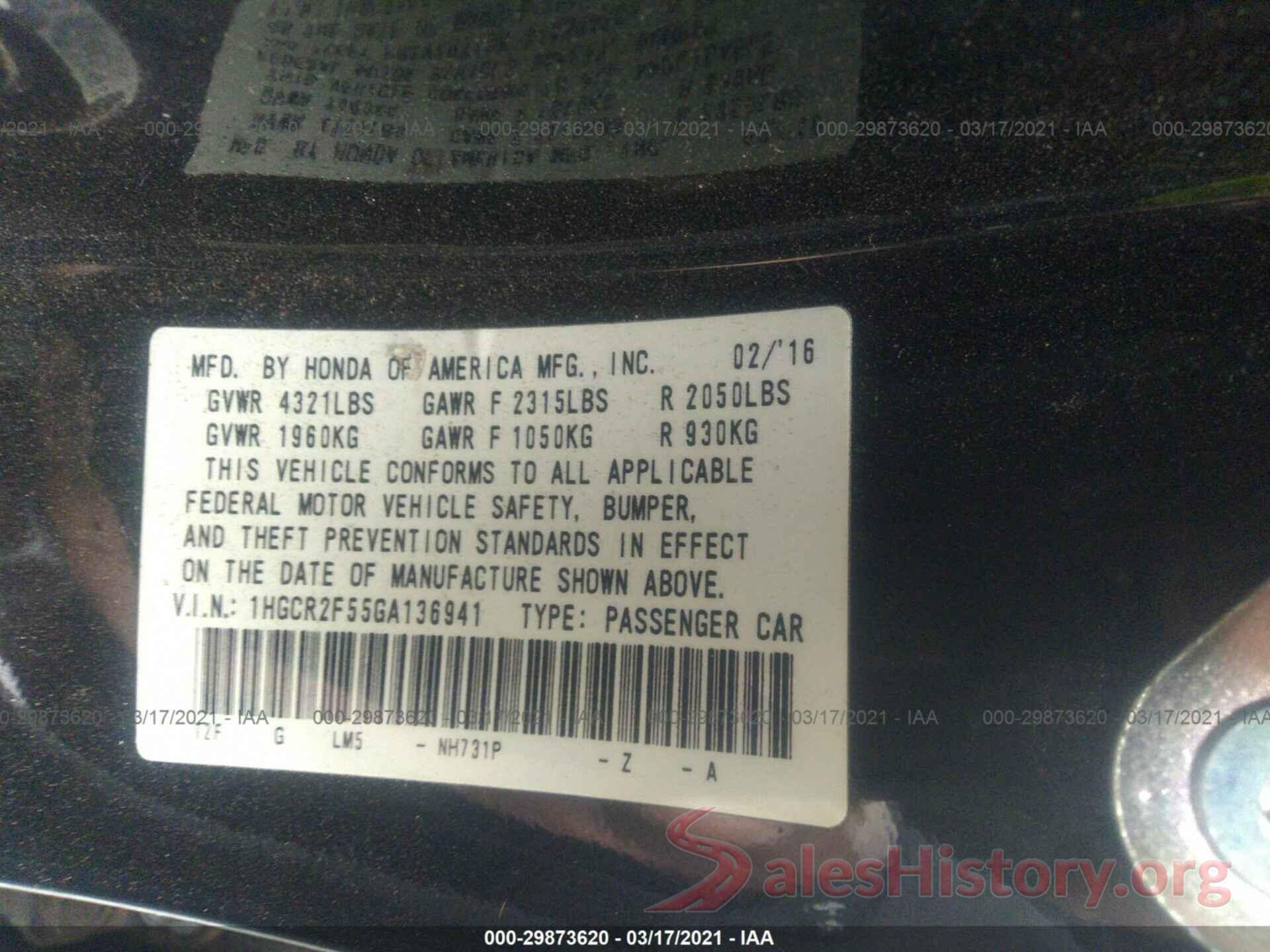 1HGCR2F55GA136941 2016 HONDA ACCORD SEDAN