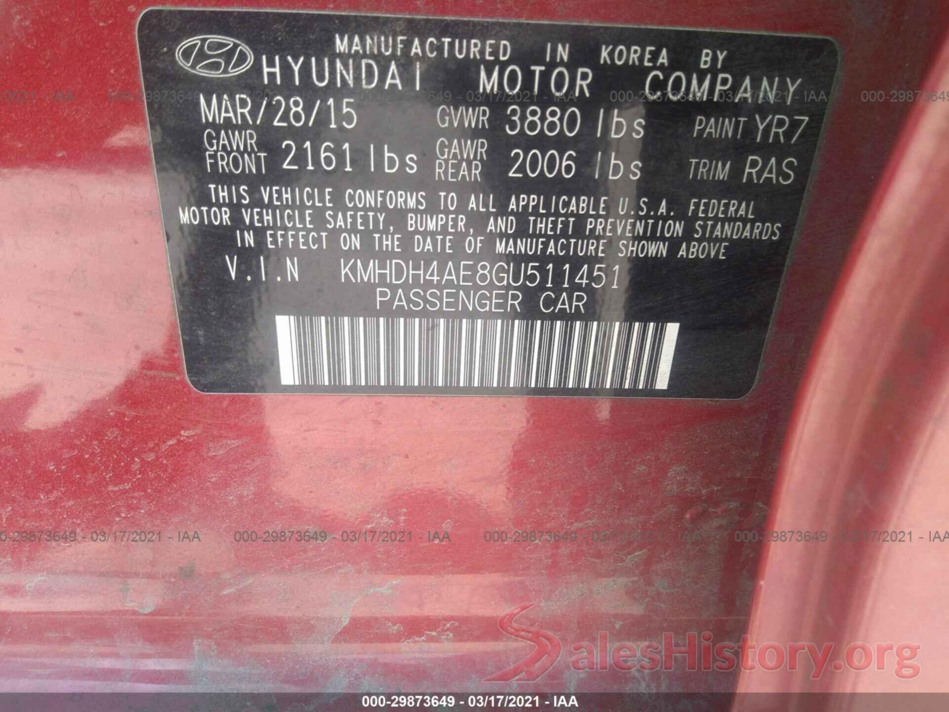 KMHDH4AE8GU511451 2016 HYUNDAI ELANTRA