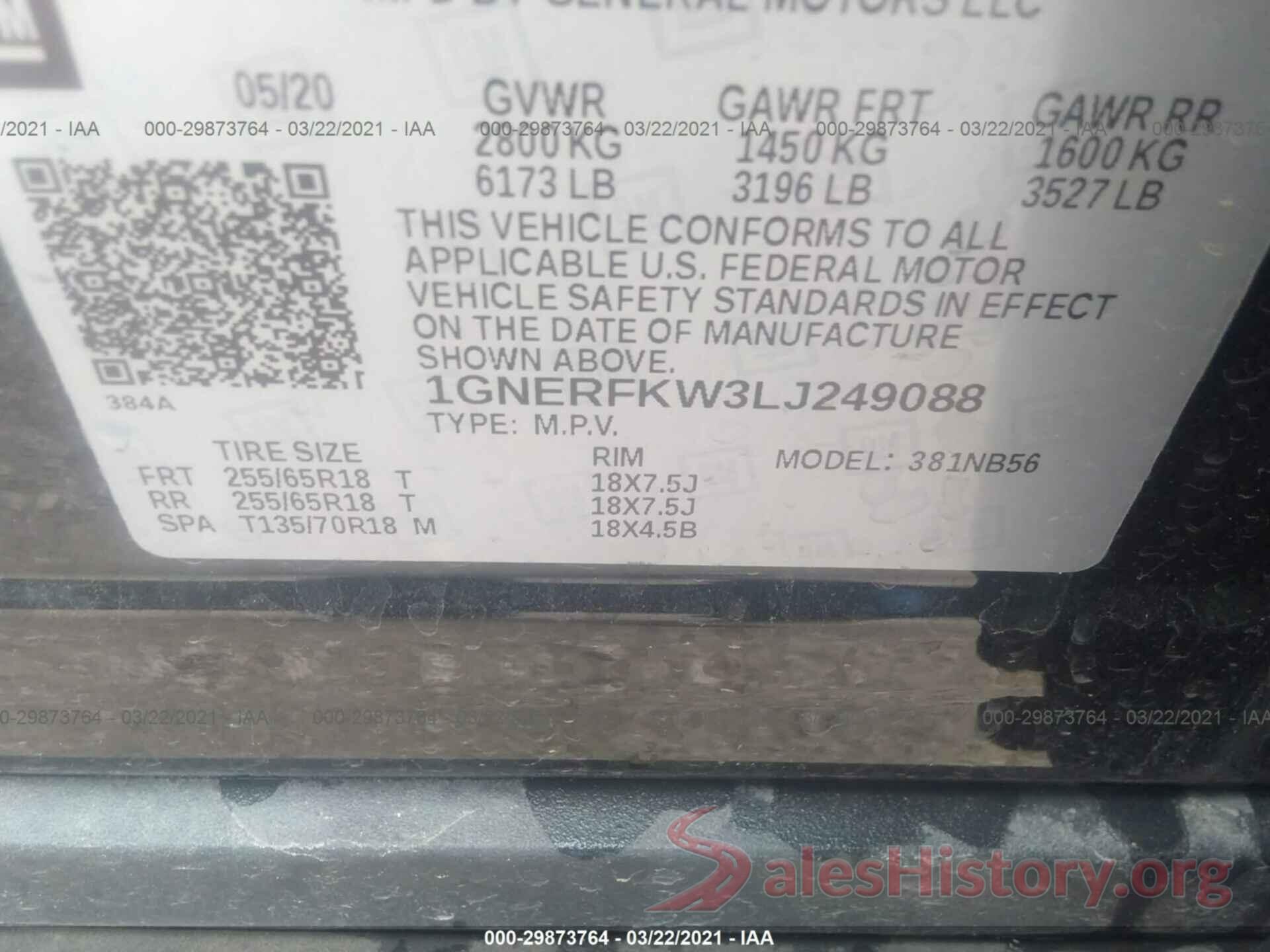 1GNERFKW3LJ249088 2020 CHEVROLET TRAVERSE