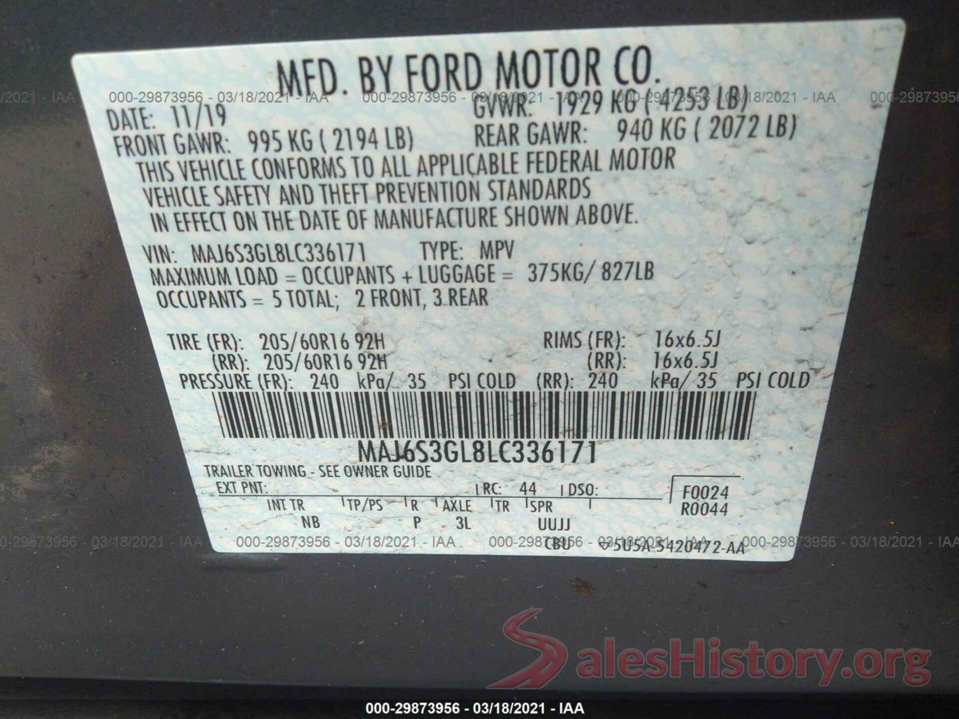 MAJ6S3GL8LC336171 2020 FORD ECOSPORT