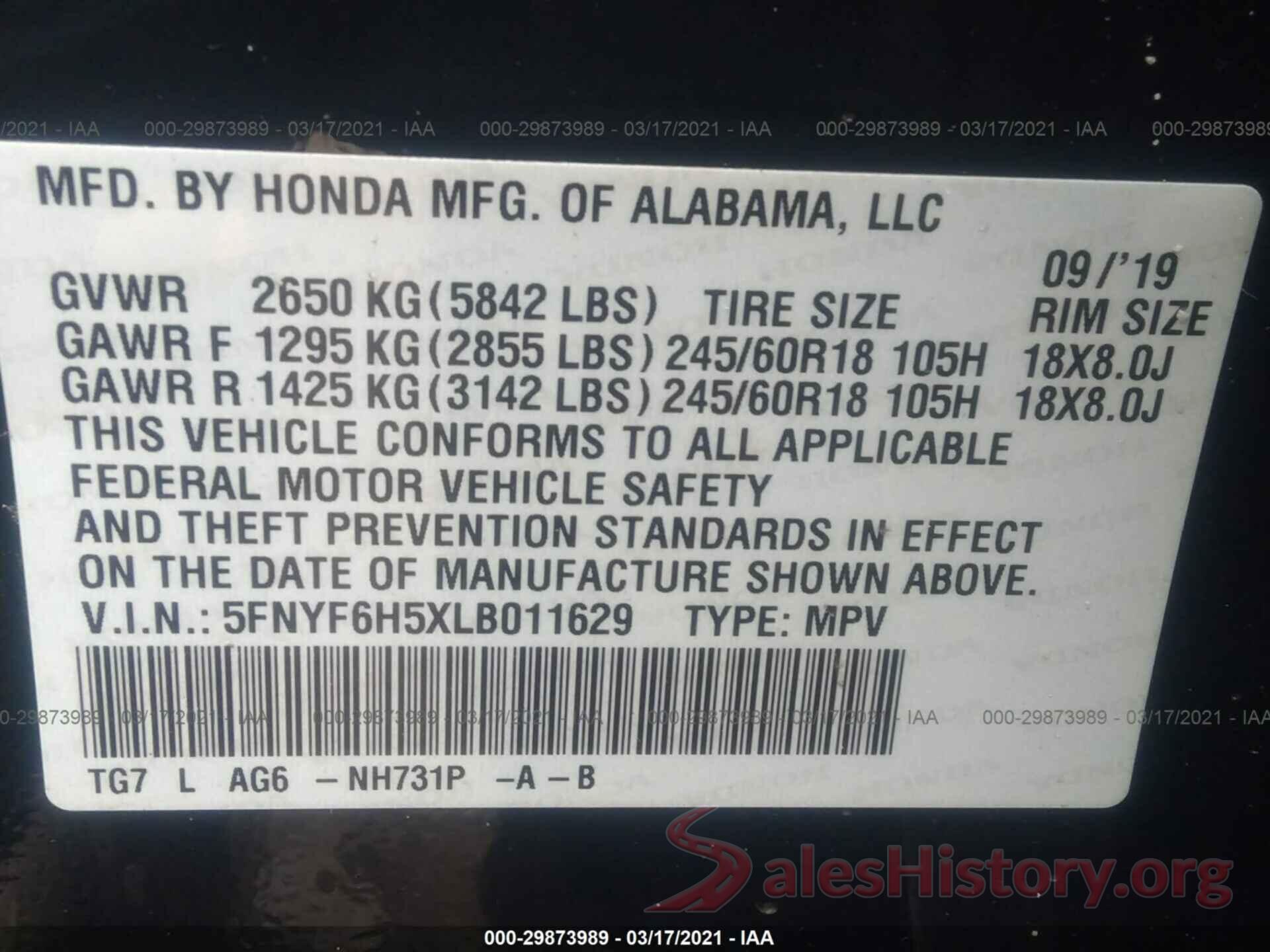 5FNYF6H5XLB011629 2020 HONDA PILOT