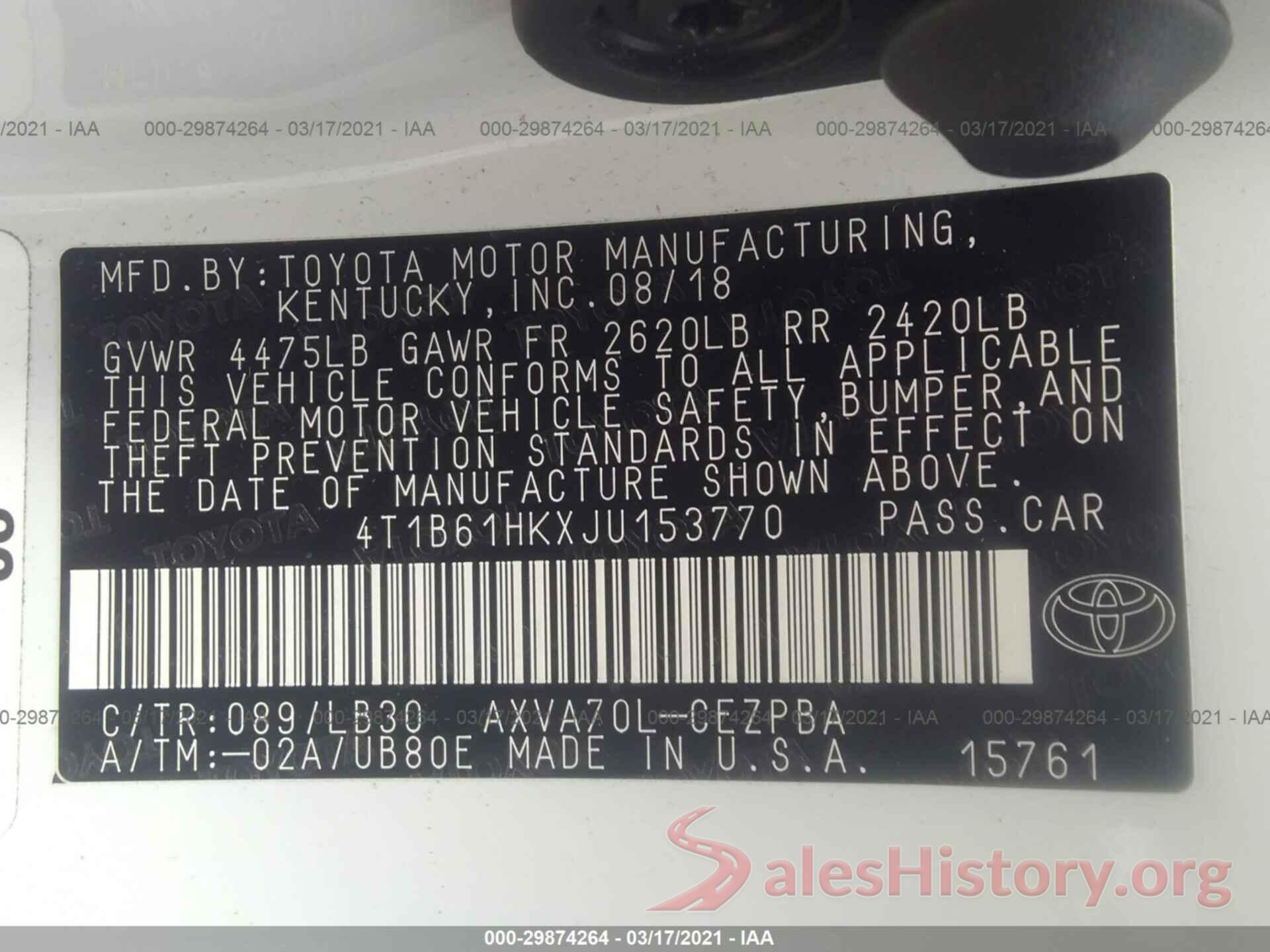 4T1B61HKXJU153770 2018 TOYOTA CAMRY