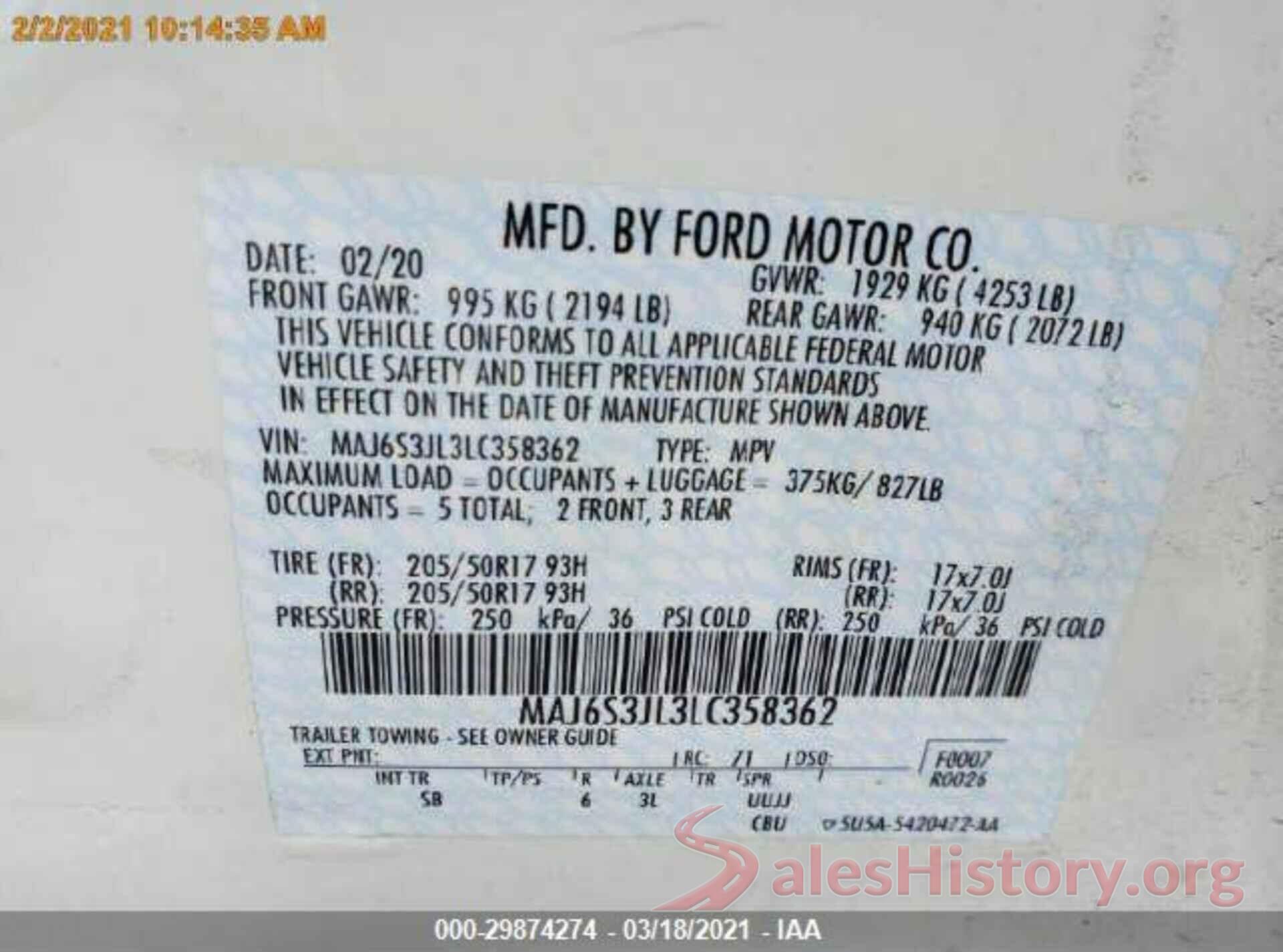 MAJ6S3JL3LC358362 2020 FORD ECOSPORT