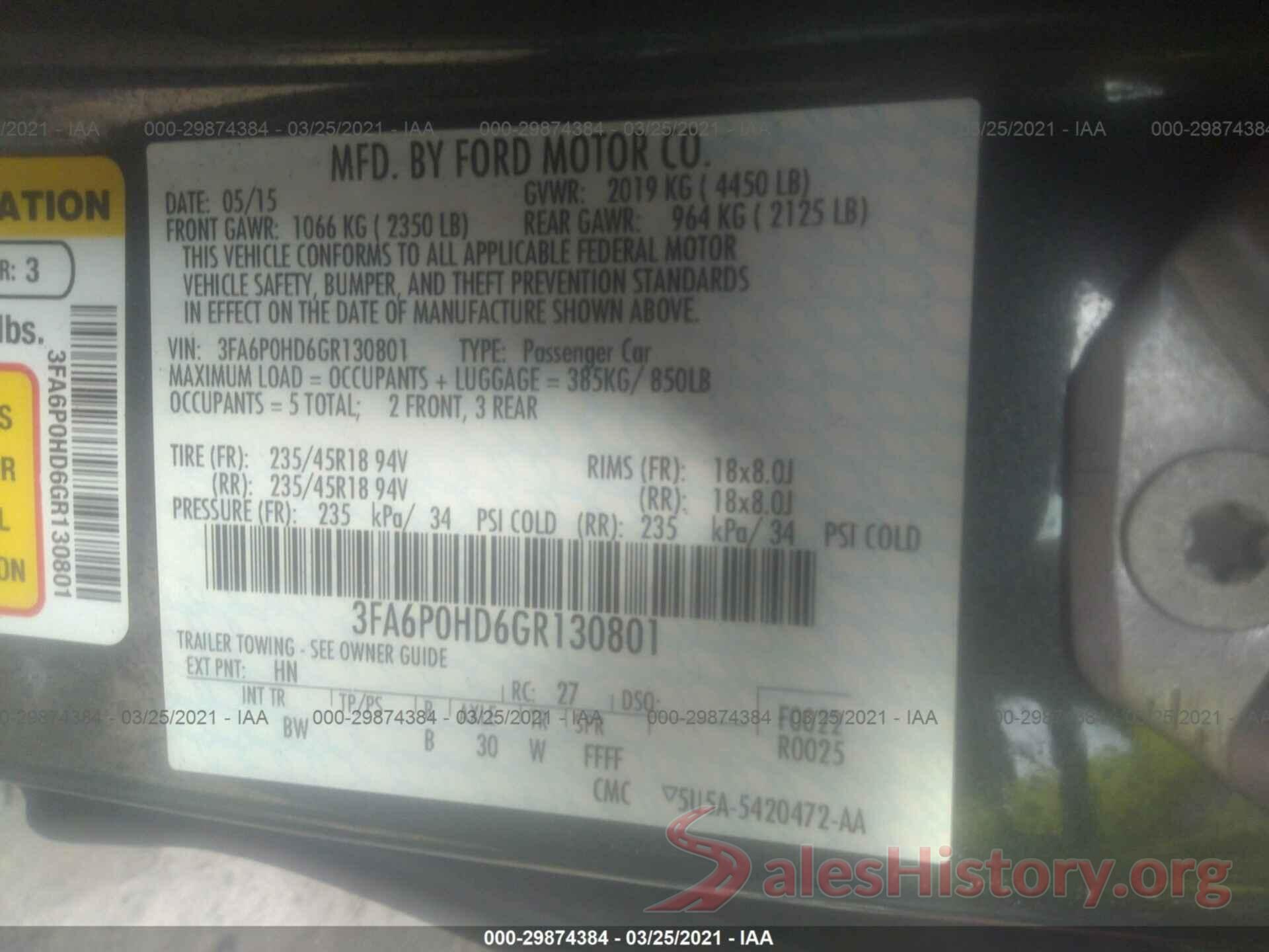 3FA6P0HD6GR130801 2016 FORD FUSION