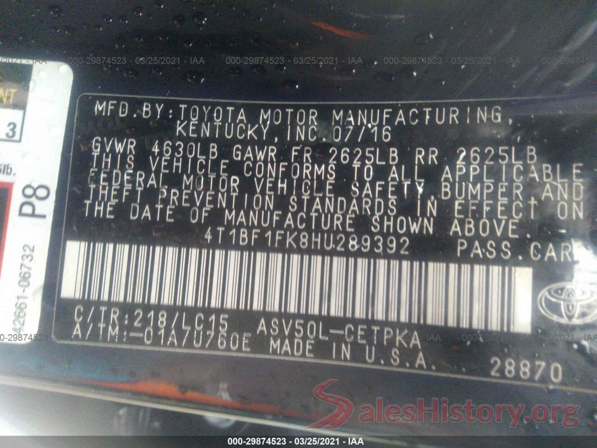 4T1BF1FK8HU289392 2017 TOYOTA CAMRY