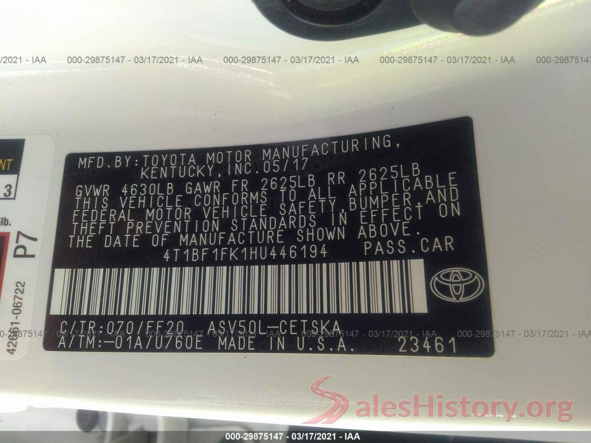 4T1BF1FK1HU446194 2017 TOYOTA CAMRY