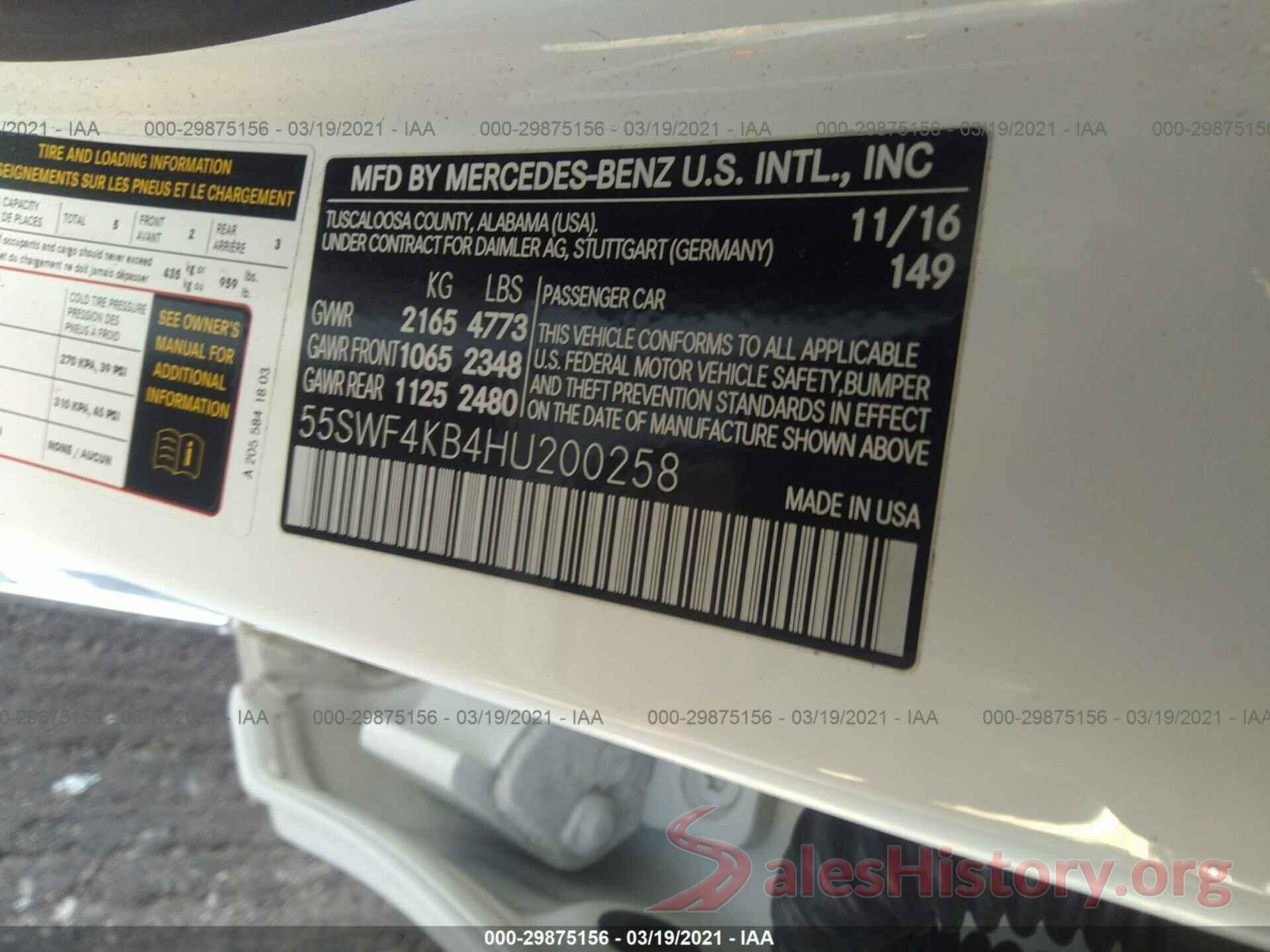 55SWF4KB4HU200258 2017 MERCEDES-BENZ C-CLASS