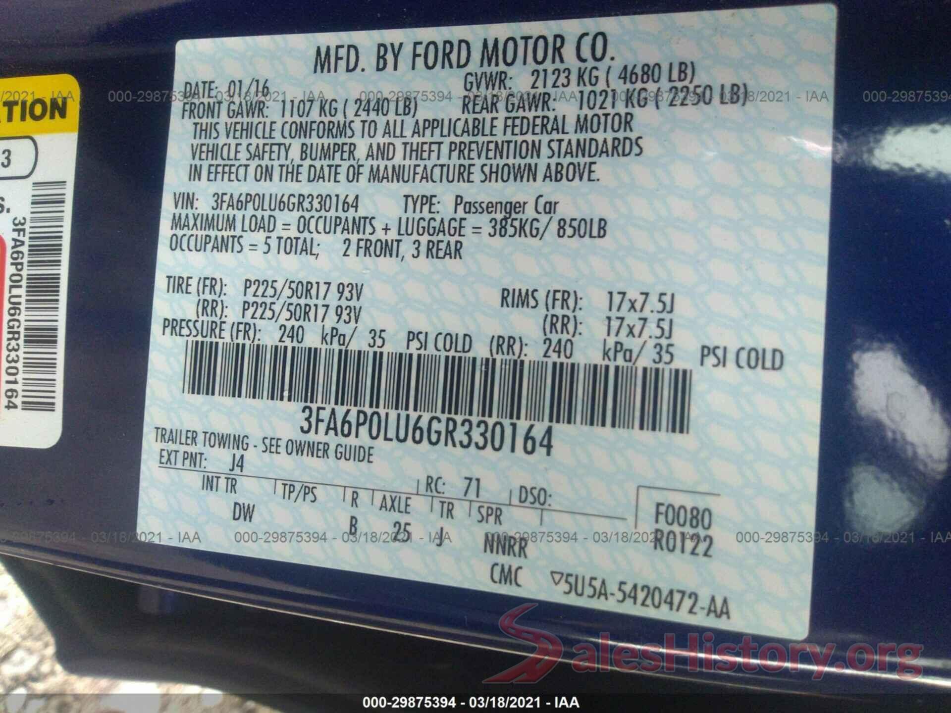 3FA6P0LU6GR330164 2016 FORD FUSION