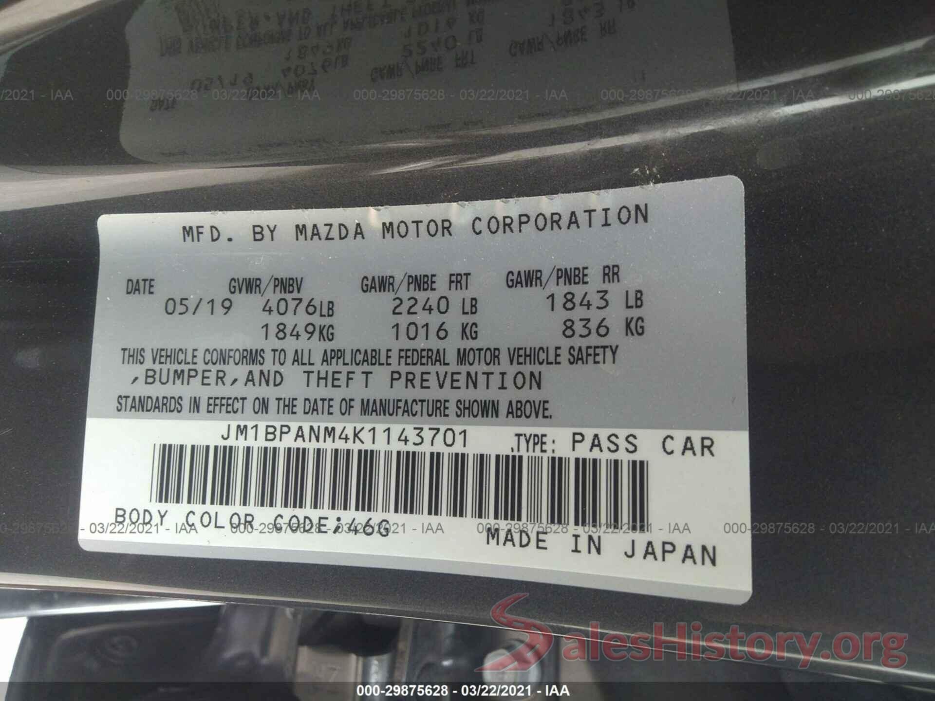 JM1BPANM4K1143701 2019 MAZDA MAZDA3 HATCHBACK