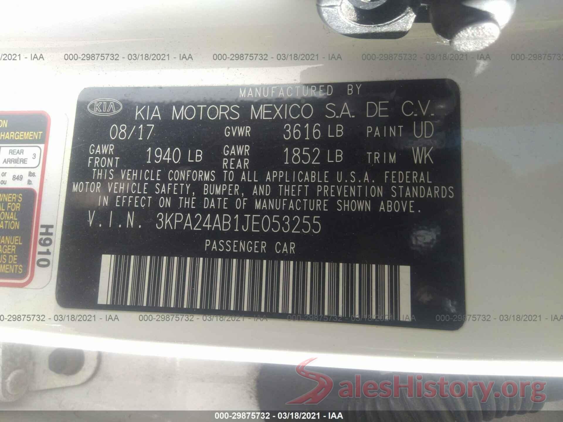 3KPA24AB1JE053255 2018 KIA RIO