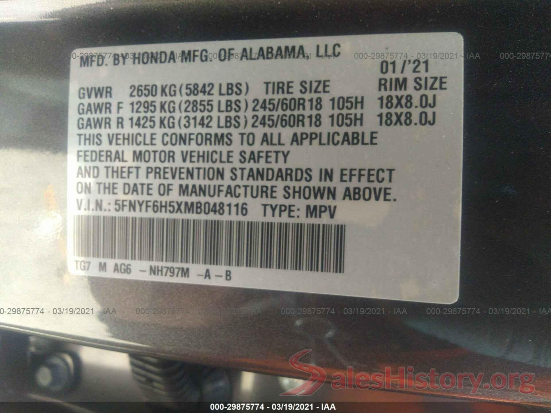 5FNYF6H5XMB048116 2021 HONDA PILOT