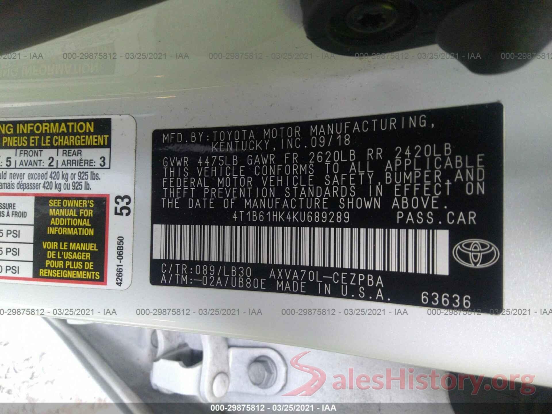 4T1B61HK4KU689289 2019 TOYOTA CAMRY