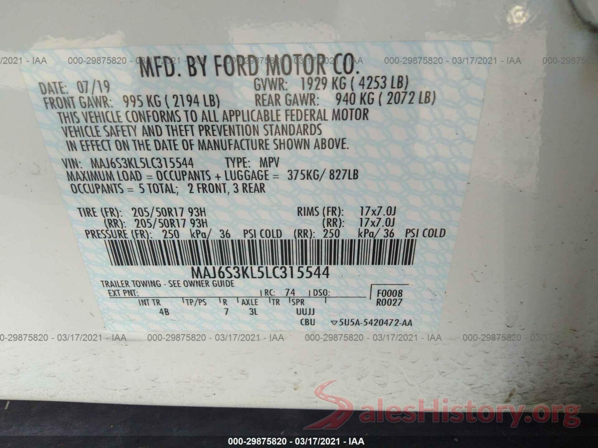 MAJ6S3KL5LC315544 2020 FORD ECOSPORT