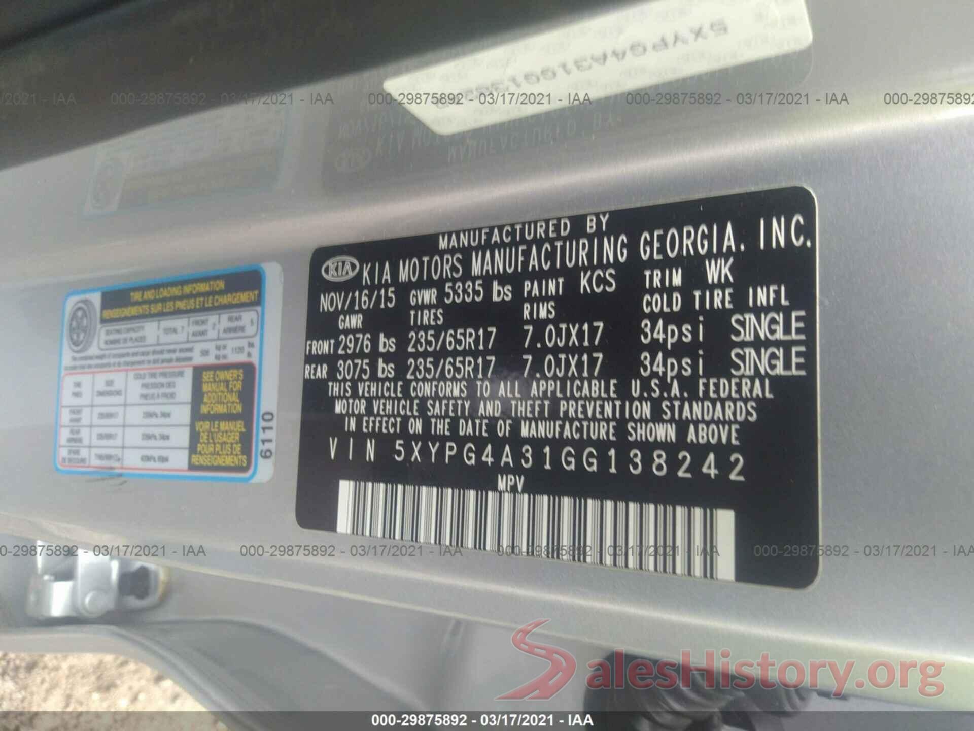 5XYPG4A31GG138242 2016 KIA SORENTO