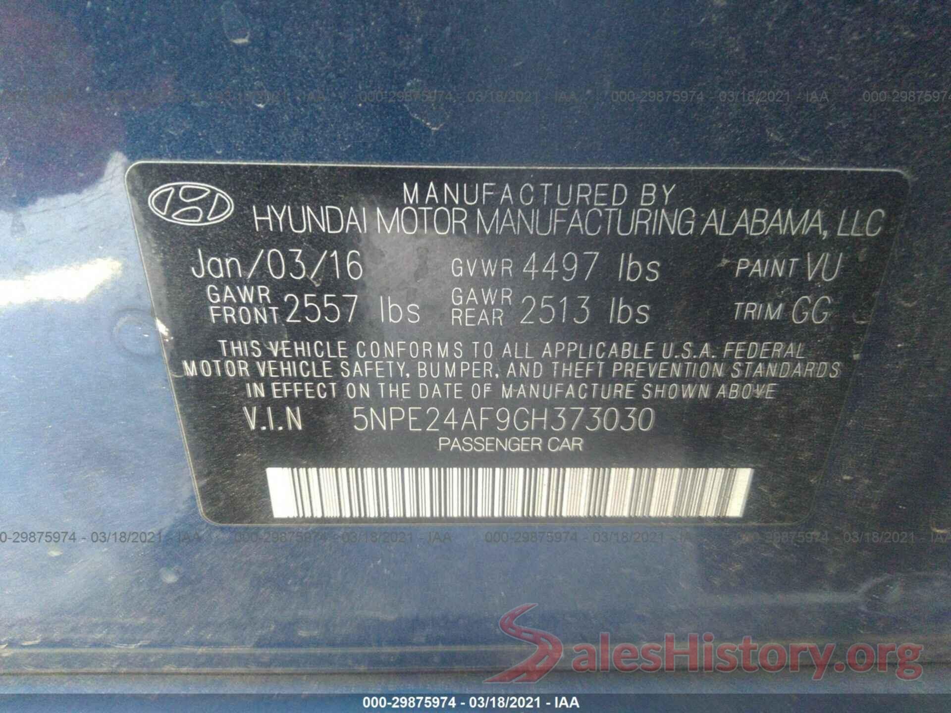 5NPE24AF9GH373030 2016 HYUNDAI SONATA