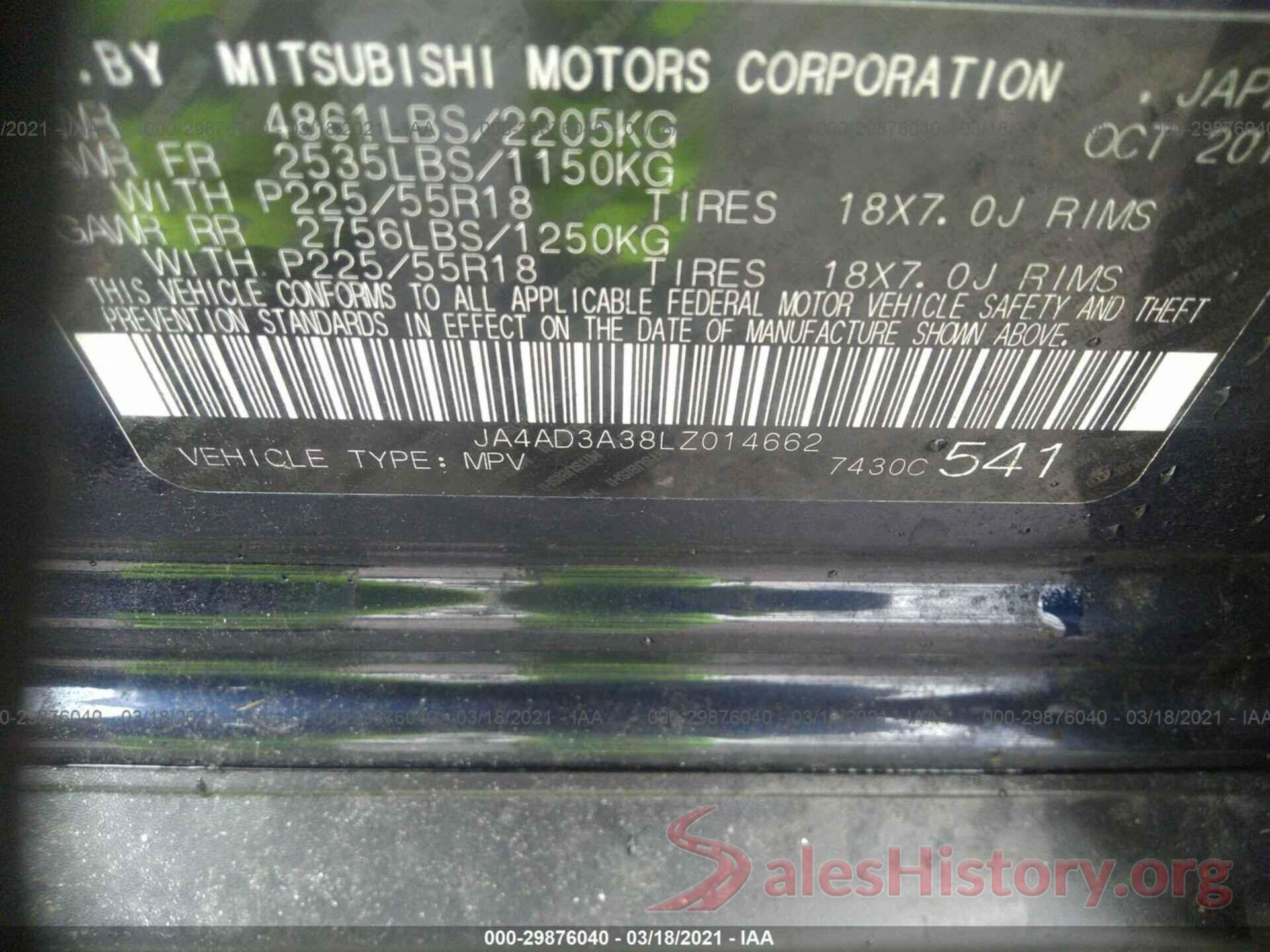 JA4AD3A38LZ014662 2020 MITSUBISHI OUTLANDER