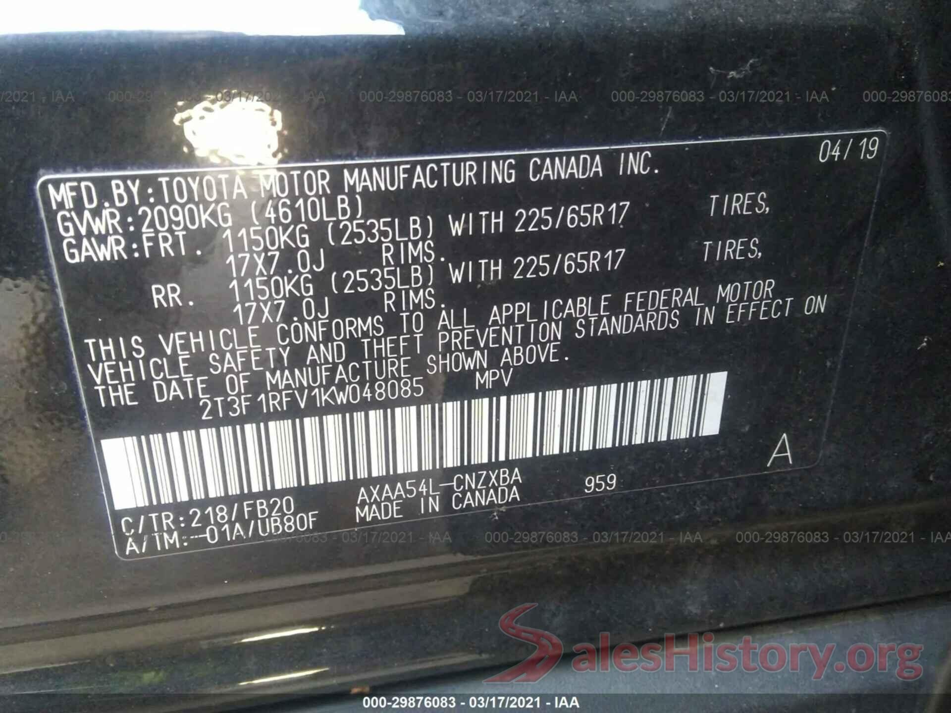 2T3F1RFV1KW048085 2019 TOYOTA RAV4