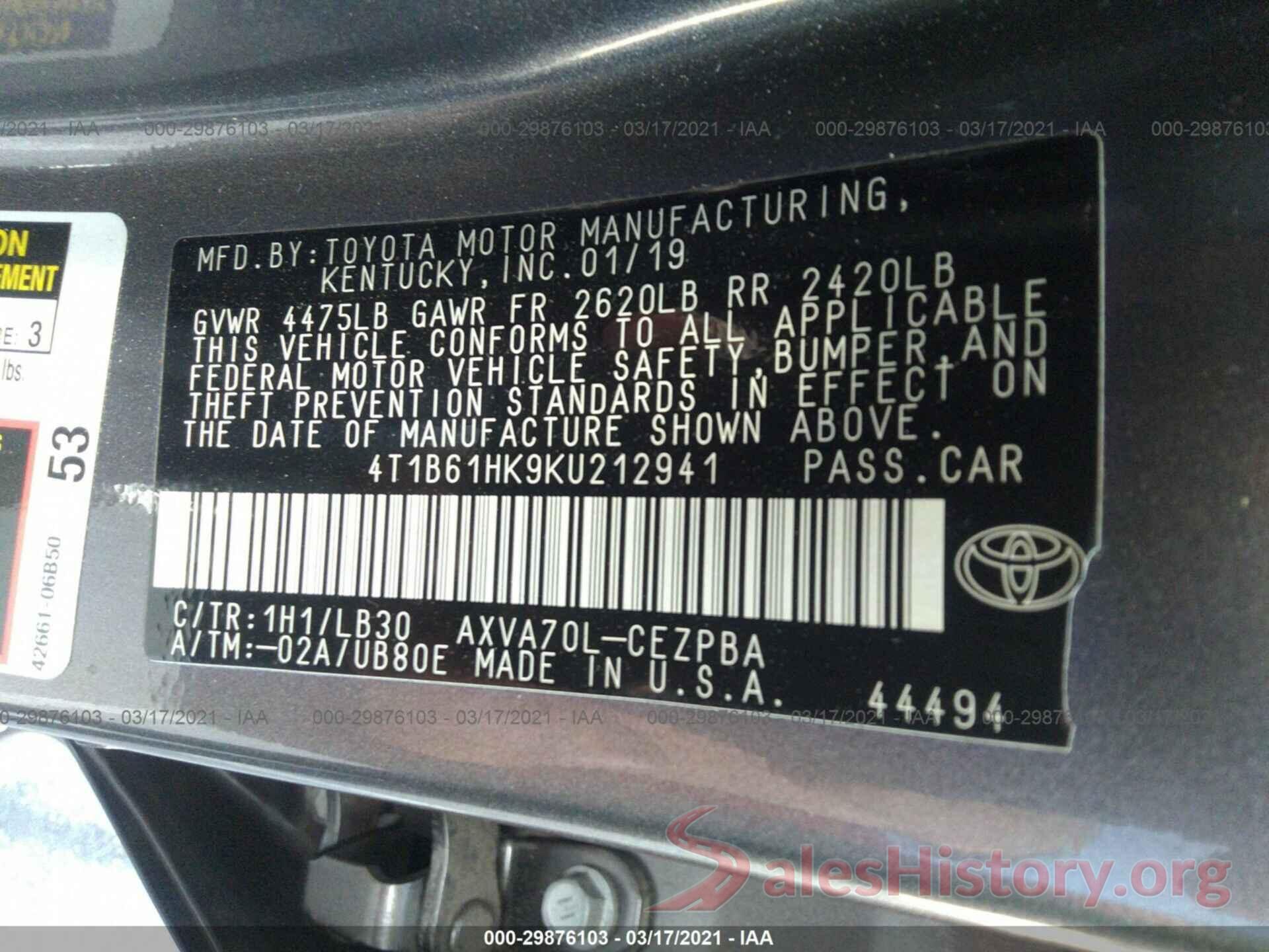 4T1B61HK9KU212941 2019 TOYOTA CAMRY