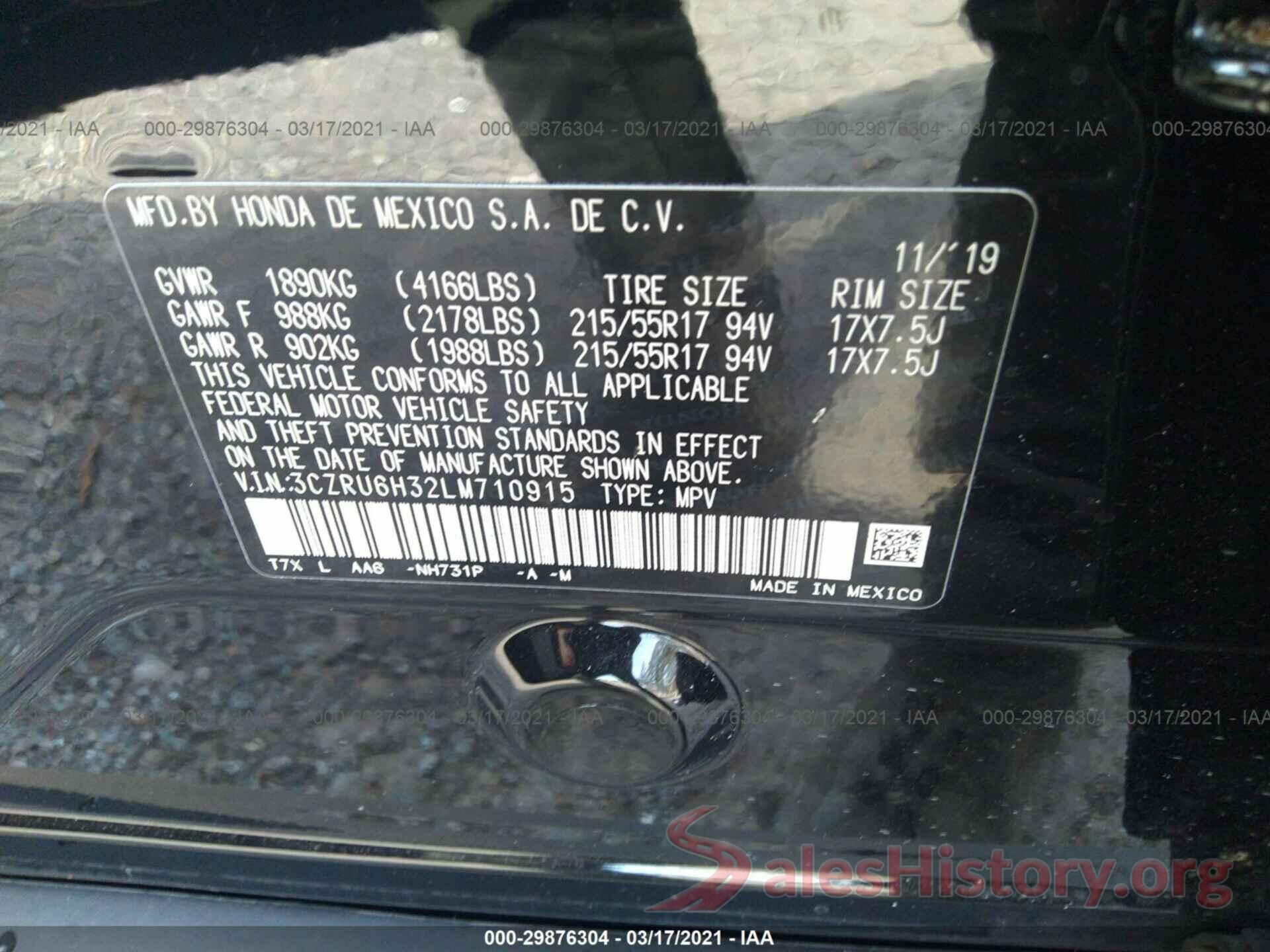 3CZRU6H32LM710915 2020 HONDA HR-V