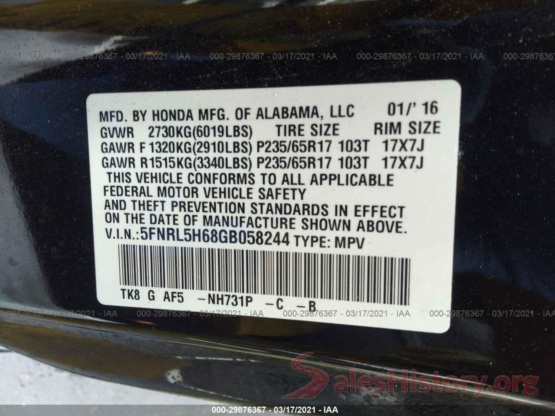 5FNRL5H68GB058244 2016 HONDA ODYSSEY