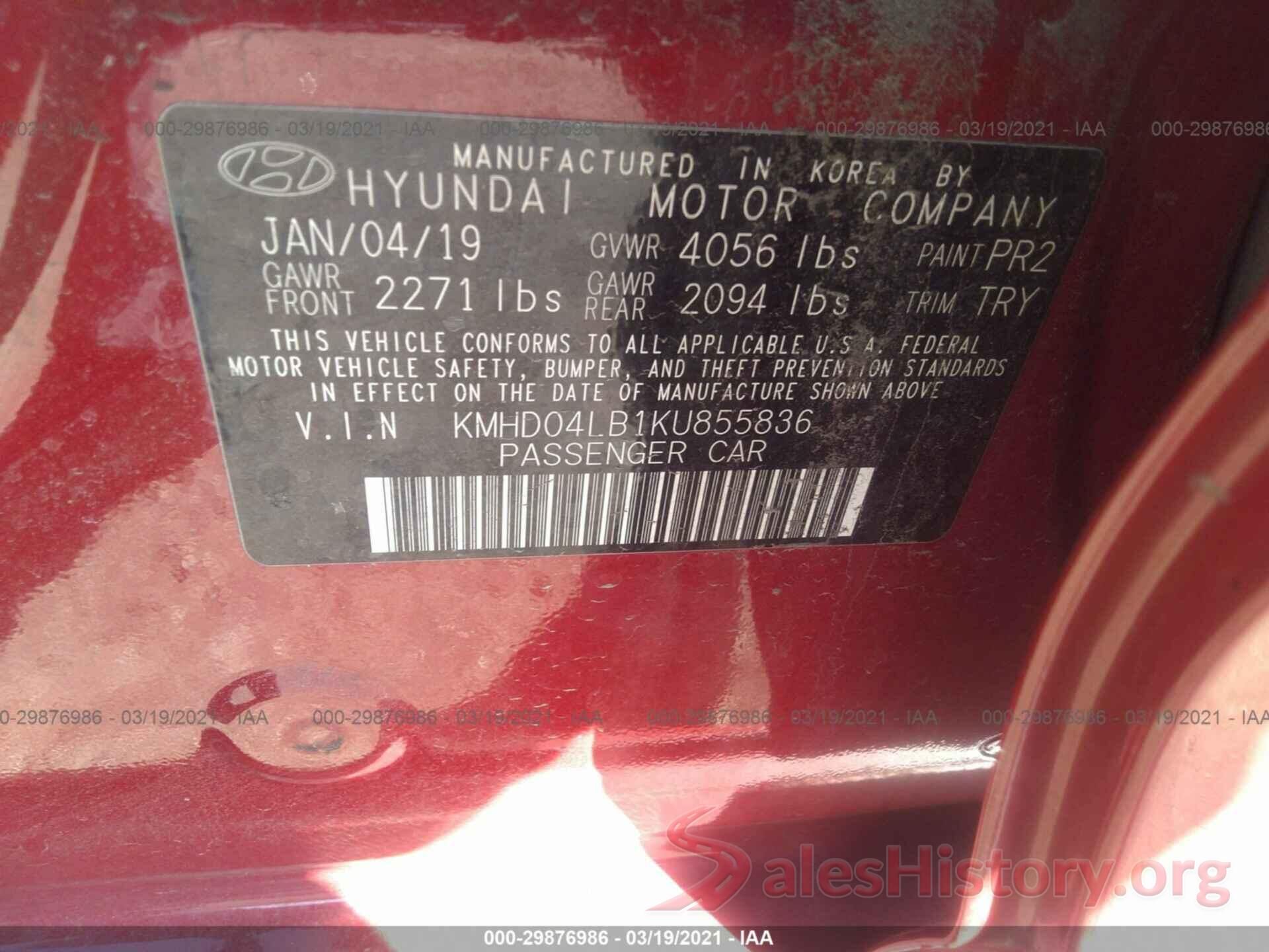 KMHD04LB1KU855836 2019 HYUNDAI ELANTRA