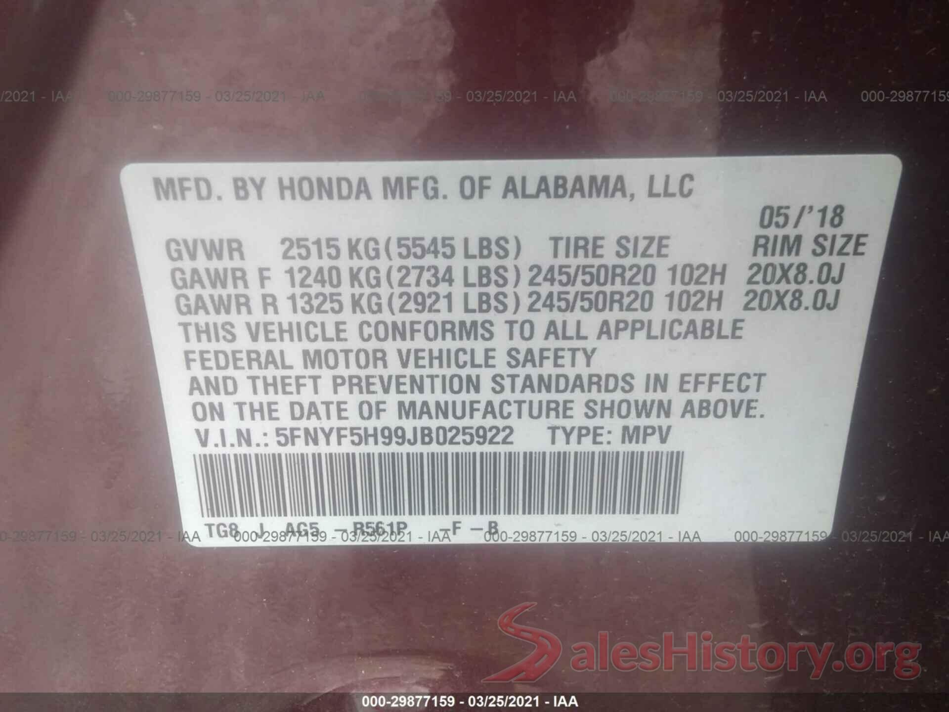 5FNYF5H99JB025922 2018 HONDA PILOT