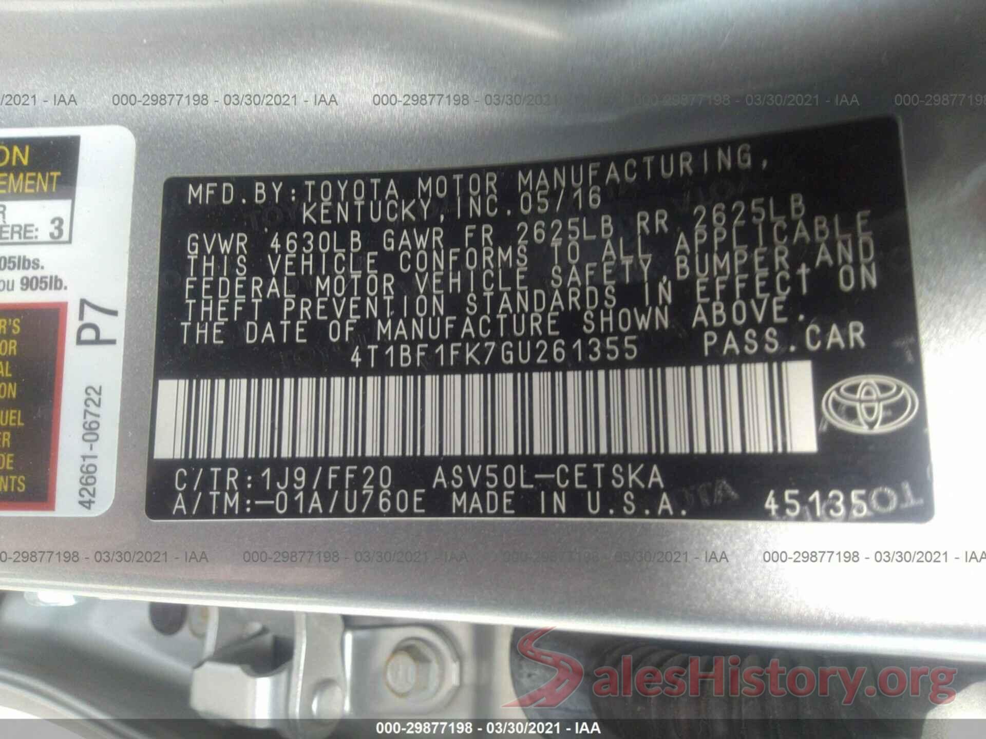 4T1BF1FK7GU261355 2016 TOYOTA CAMRY