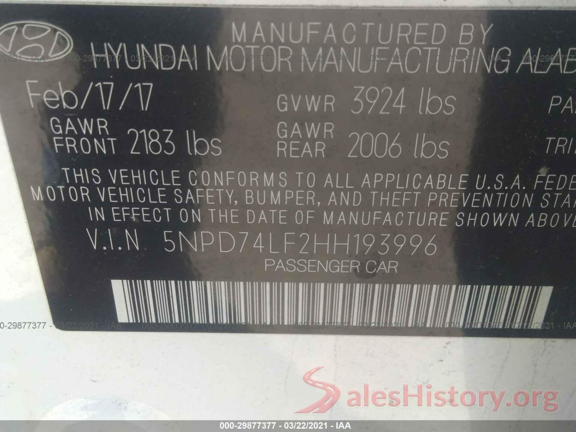 5NPD74LF2HH193996 2017 HYUNDAI ELANTRA