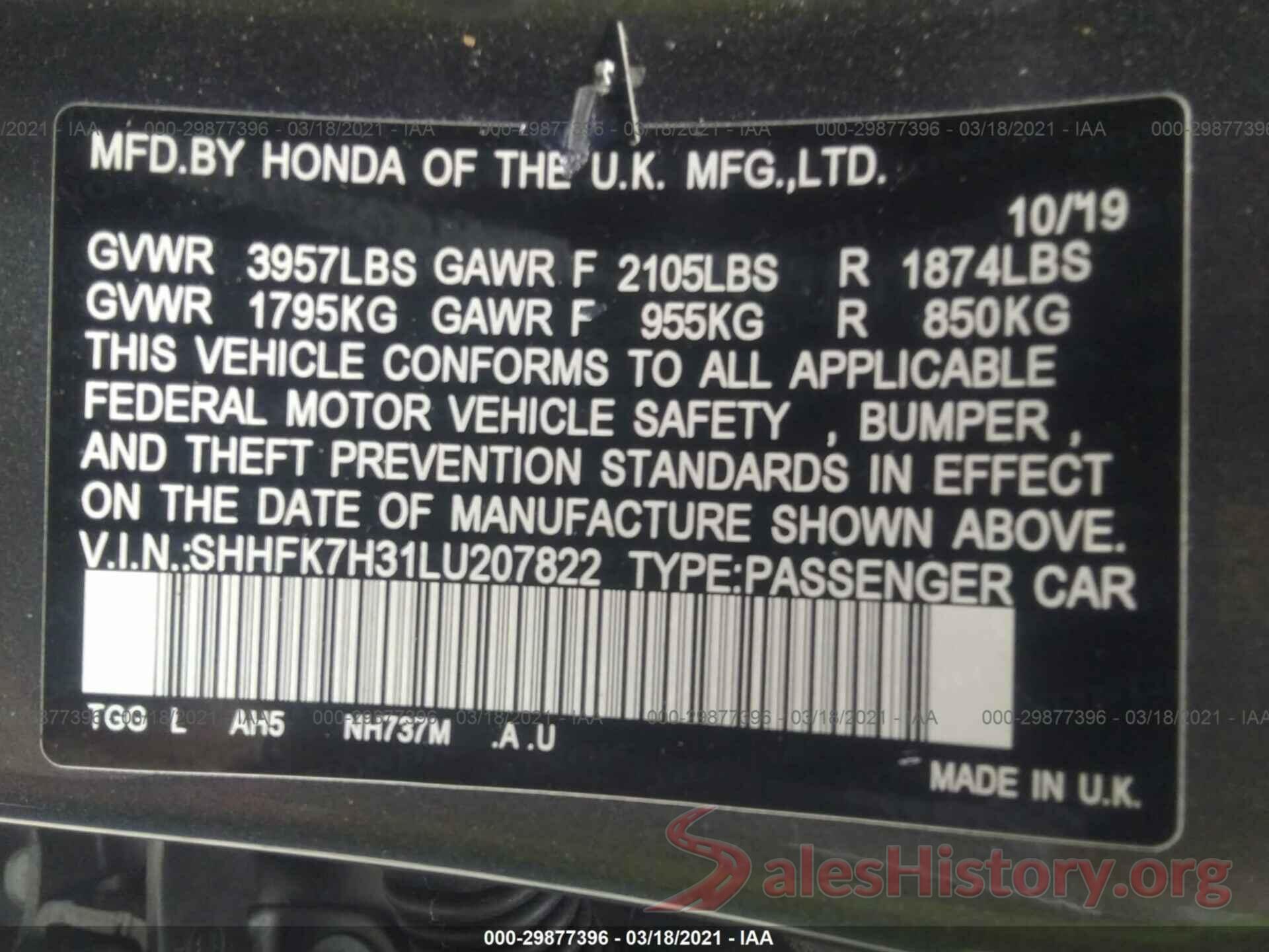 SHHFK7H31LU207822 2020 HONDA CIVIC HATCHBACK