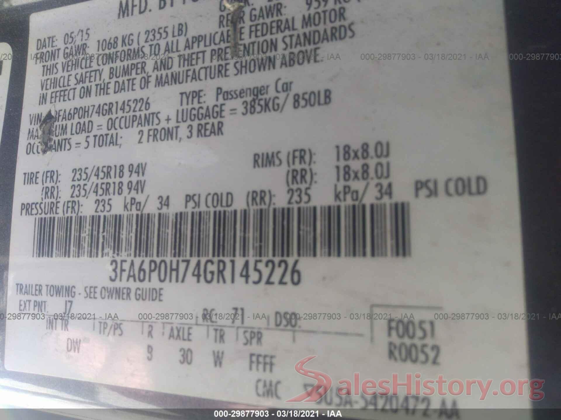 3FA6P0H74GR145226 2016 FORD FUSION