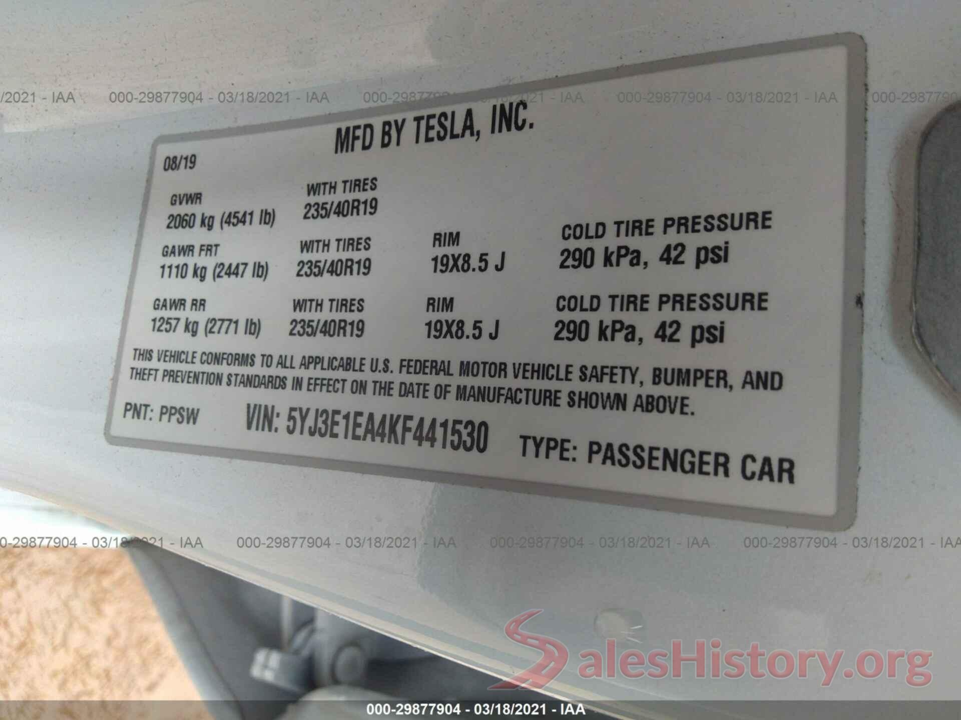 5YJ3E1EA4KF441530 2019 TESLA MODEL 3