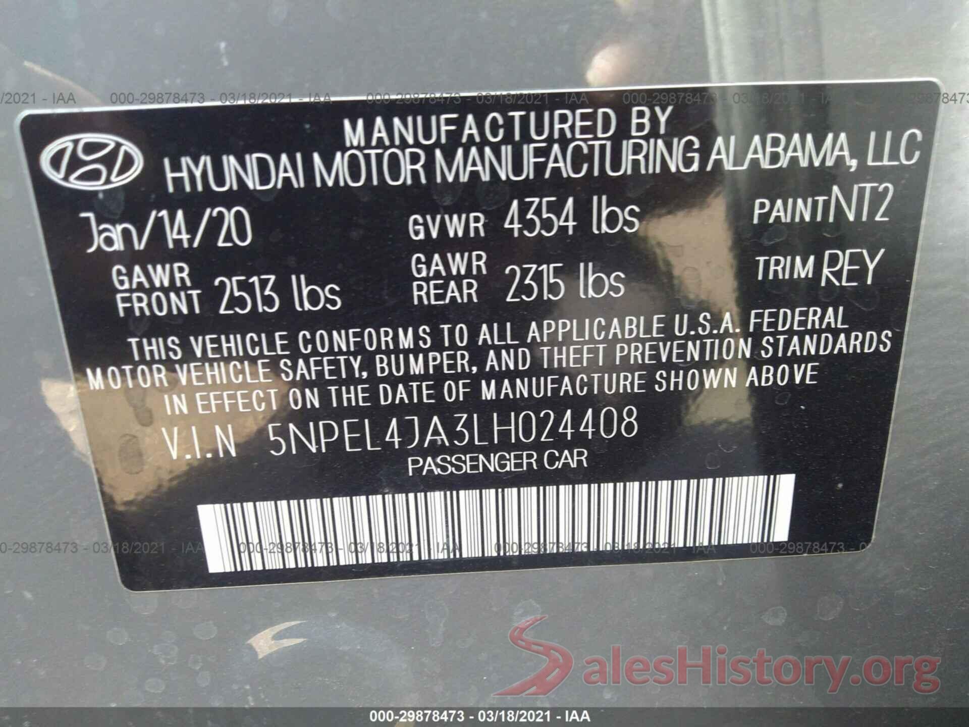 5NPEL4JA3LH024408 2020 HYUNDAI SONATA