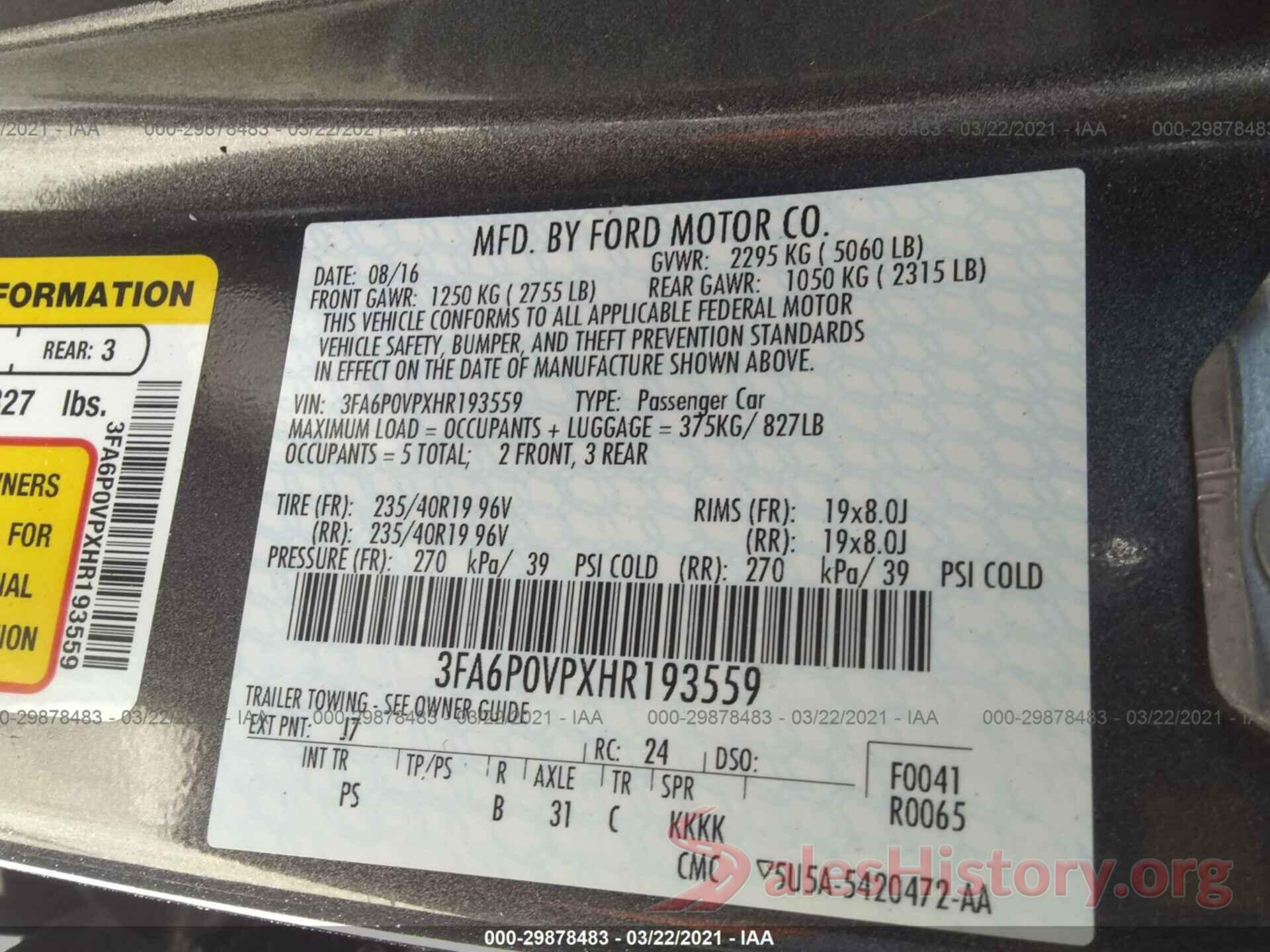 3FA6P0VPXHR193559 2017 FORD FUSION